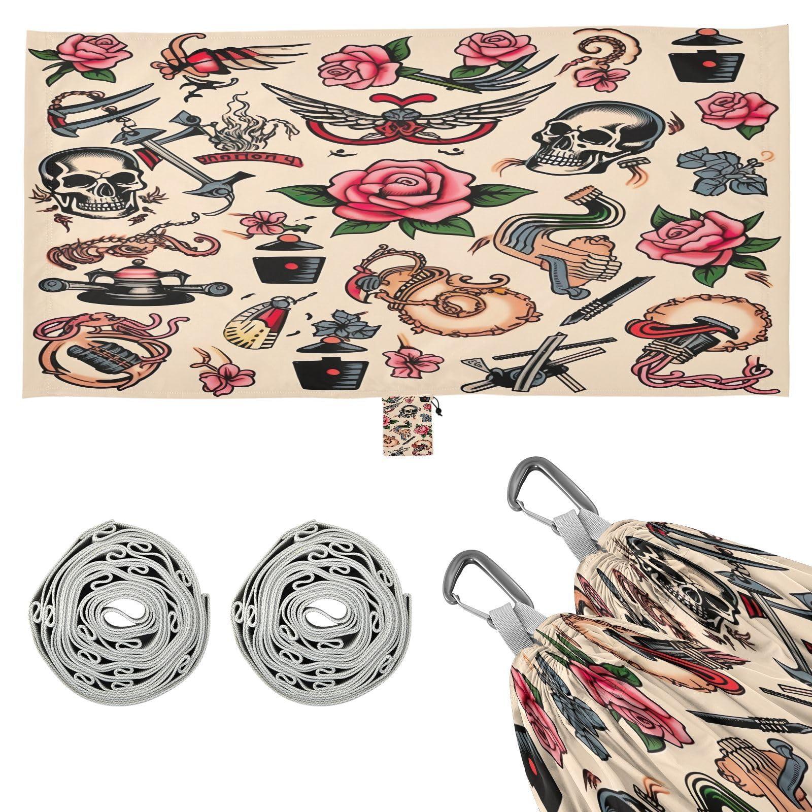 Haskirky Tattoo Print Camping Hammock, Single Portable Hammocks with Tree Straps & Attached Carry Bag, 330Lbs Capacity Perfect for Outside Indoor Hiking Beach Backpack Travel