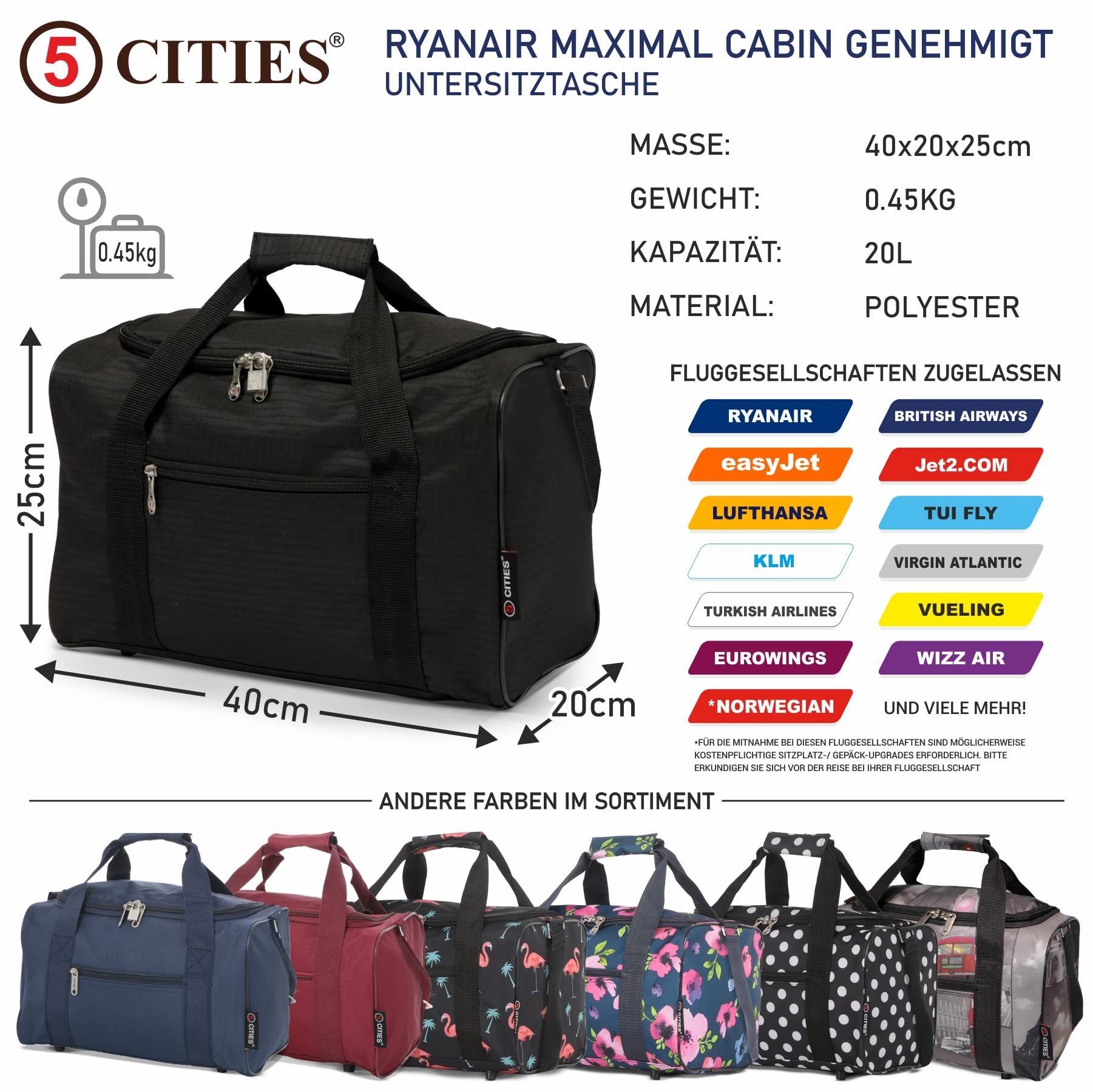 5 Cities 40x20x25cm Ryanair Maximale Untersitz Leichte Flugtasche Handgepäck Tasche für Flugzeug 40x20x25 - Passt auch für Wizz Air (Schwarz) - Image 2