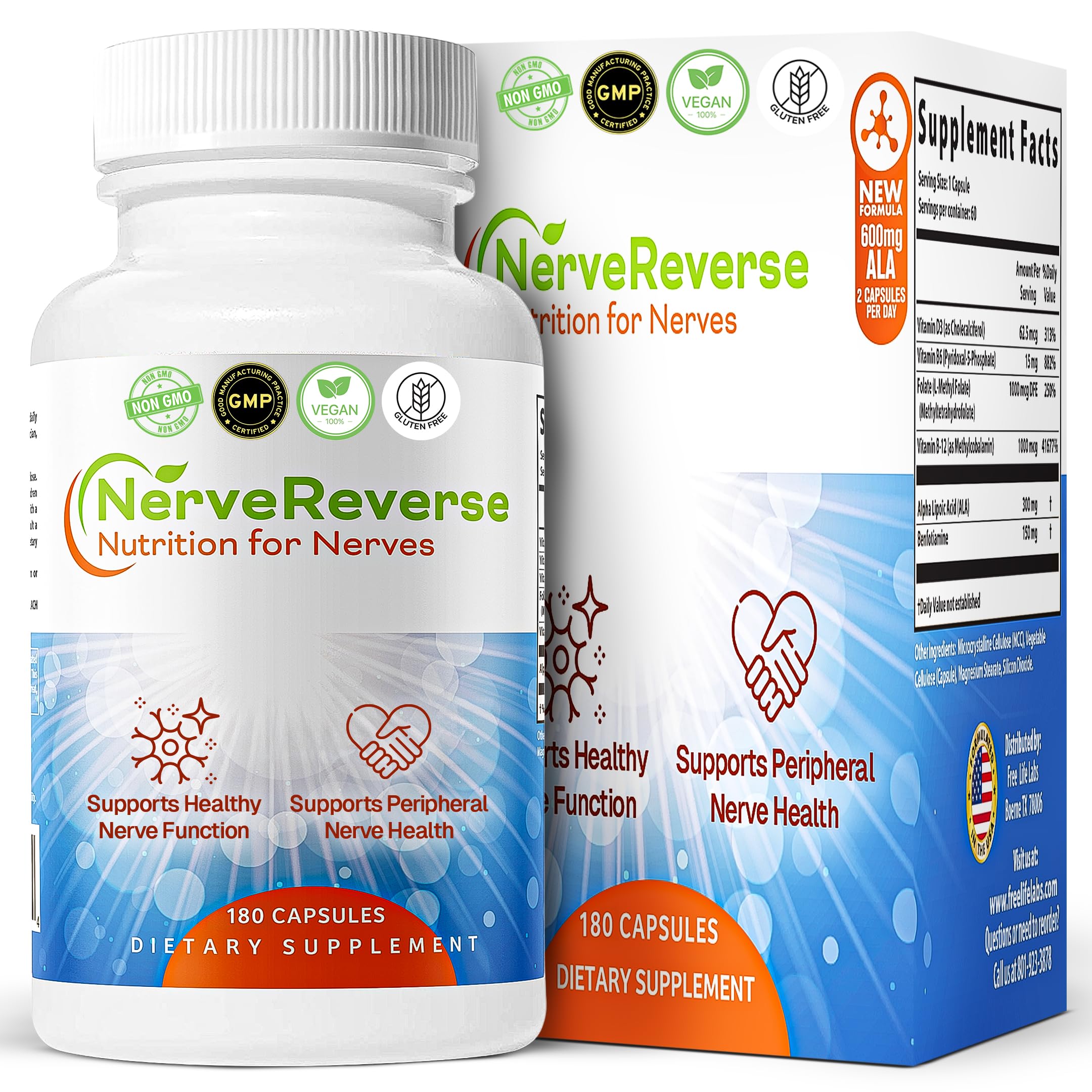 NerveReverse Neuro Support. Alpha Lipoic Acid 600mg, Vegan. 180ct, 1-Pack 180 Count (Pack of 1)