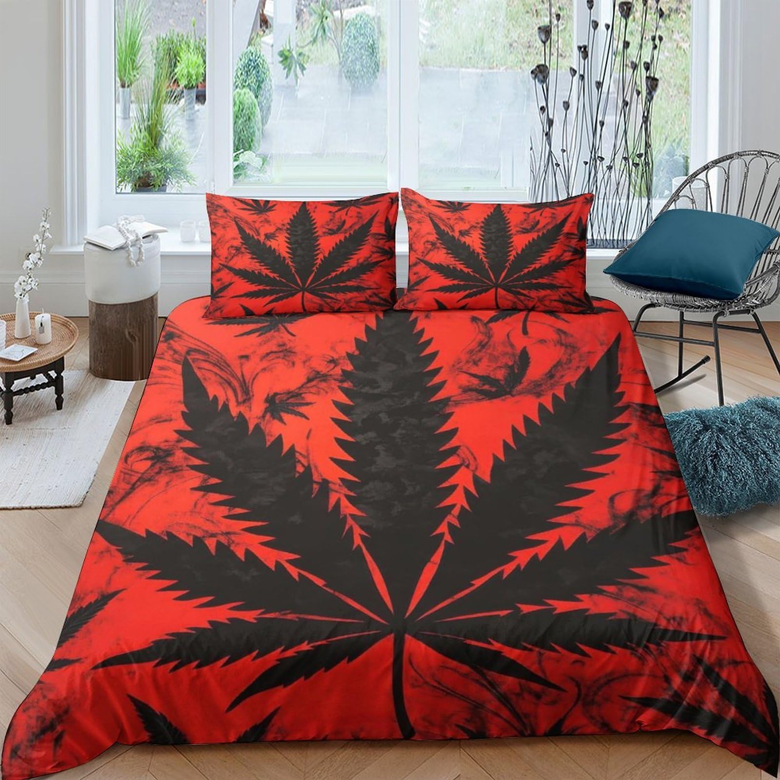 Ctjqhvkz Style-3 3D Printed Red Cannabis Leaf Fitted Sheet Microfiber Soft Decor Modern Plant Pattern Mattress Cover For Bedroom Dorm Protection Single（135X200cm）