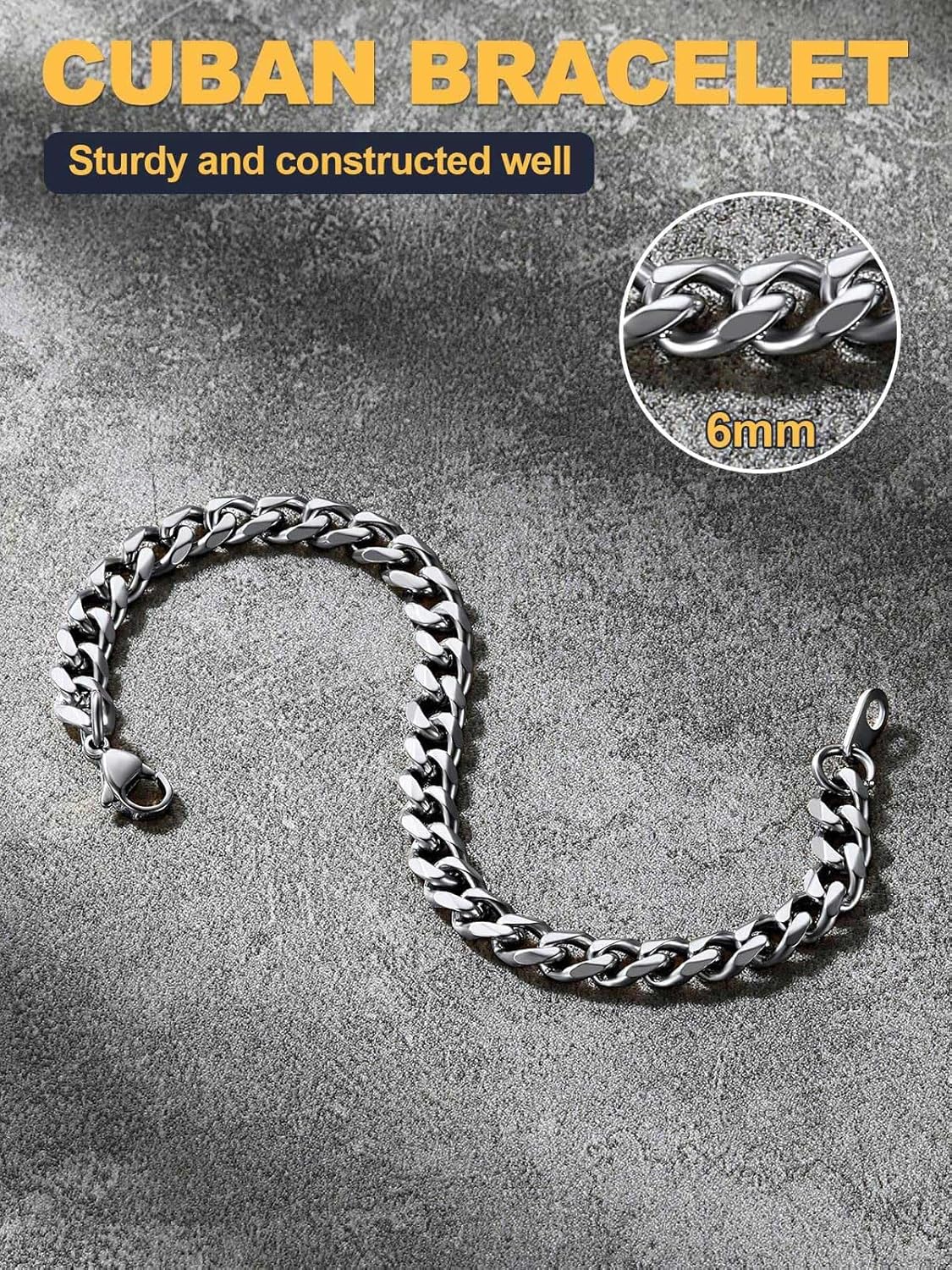 U7 Link Bracelets for Men, Cuban Link/Rope/Watch Band Solid Bracelet, Silver Black Gold Color Wrist Bracelet 3/6/9/12/15mm Width, 6.5/7.5/8.3 Inch Length, Hand Chain Jewelry for Mens Women - Image 4