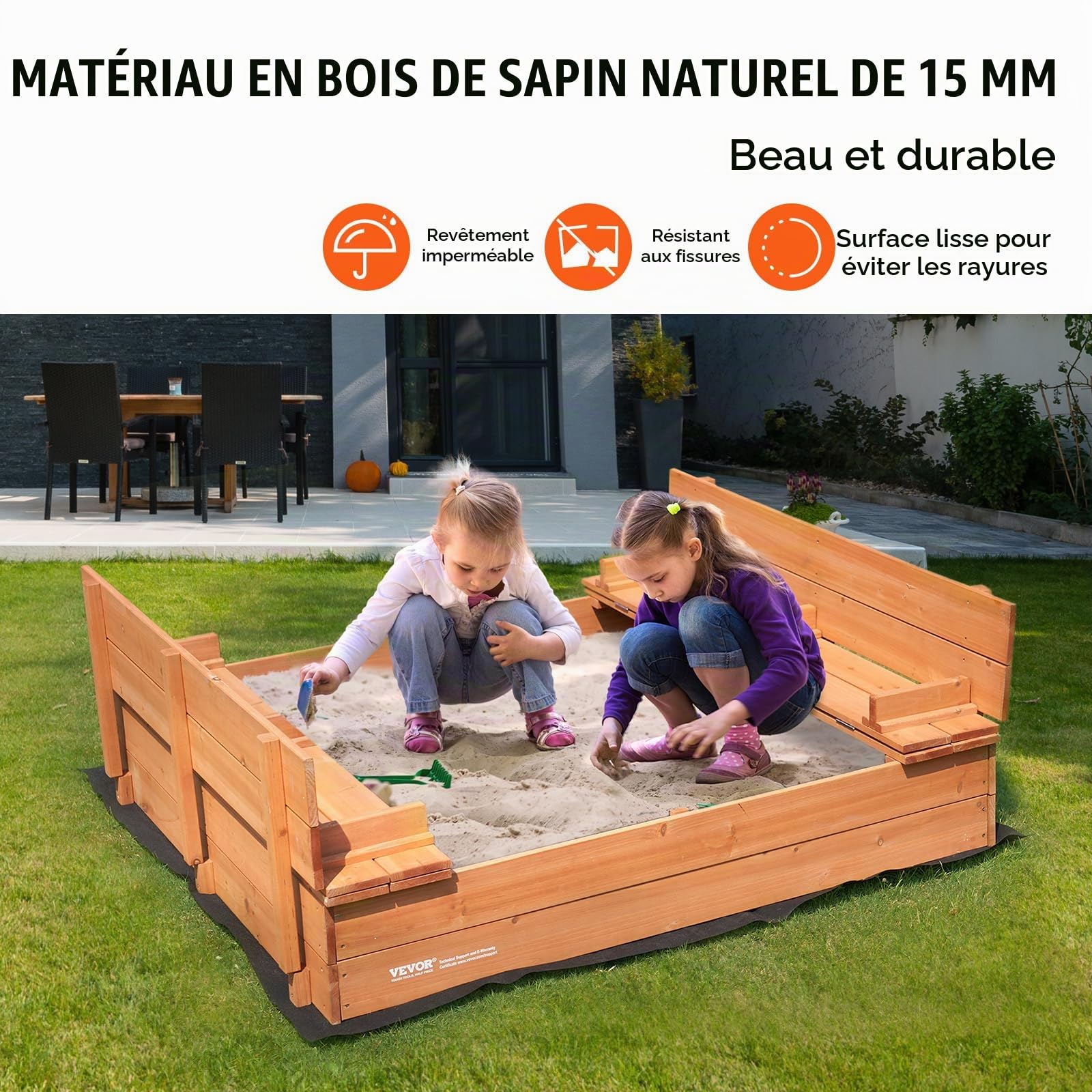 VEVOR Bac à Sable en Bois Naturel, 1330 x 1200 x 430 mm, bac à Sable avec banquettes Pliables et Doublure inférieure, pour Jardin extérieur, Plage, Parc, Cadeau pour garçons et Filles de 3 à 12 Ans