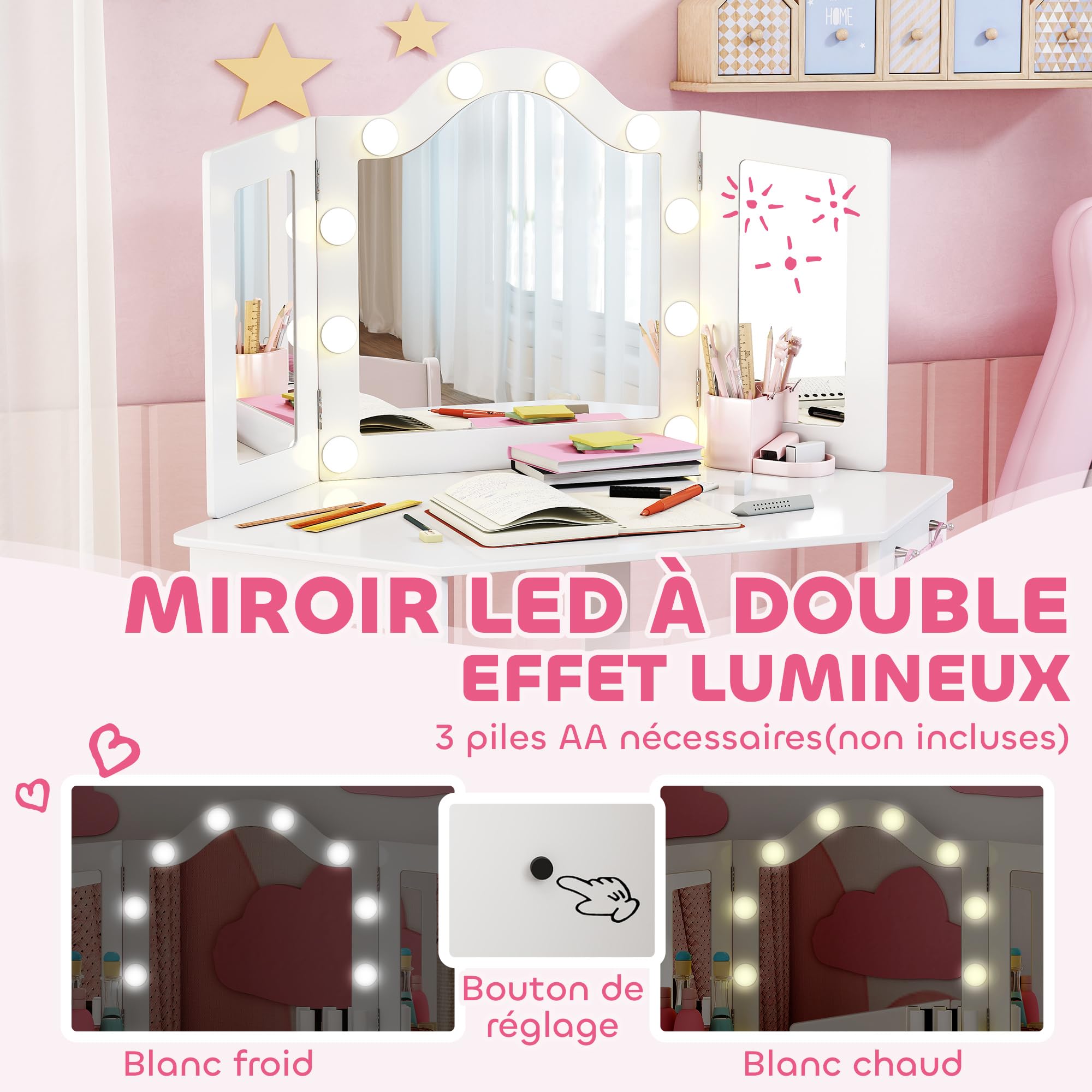 AIYAPLAY Coiffeuse Enfant 2 en 1 avec Tabouret, Bureau Fille avec Miroir triptyque et lumières LED Bicolores, Pochette de Rangement latérale, Table de Maquillage pour Enfants de 3 à 8 Ans, Blanc