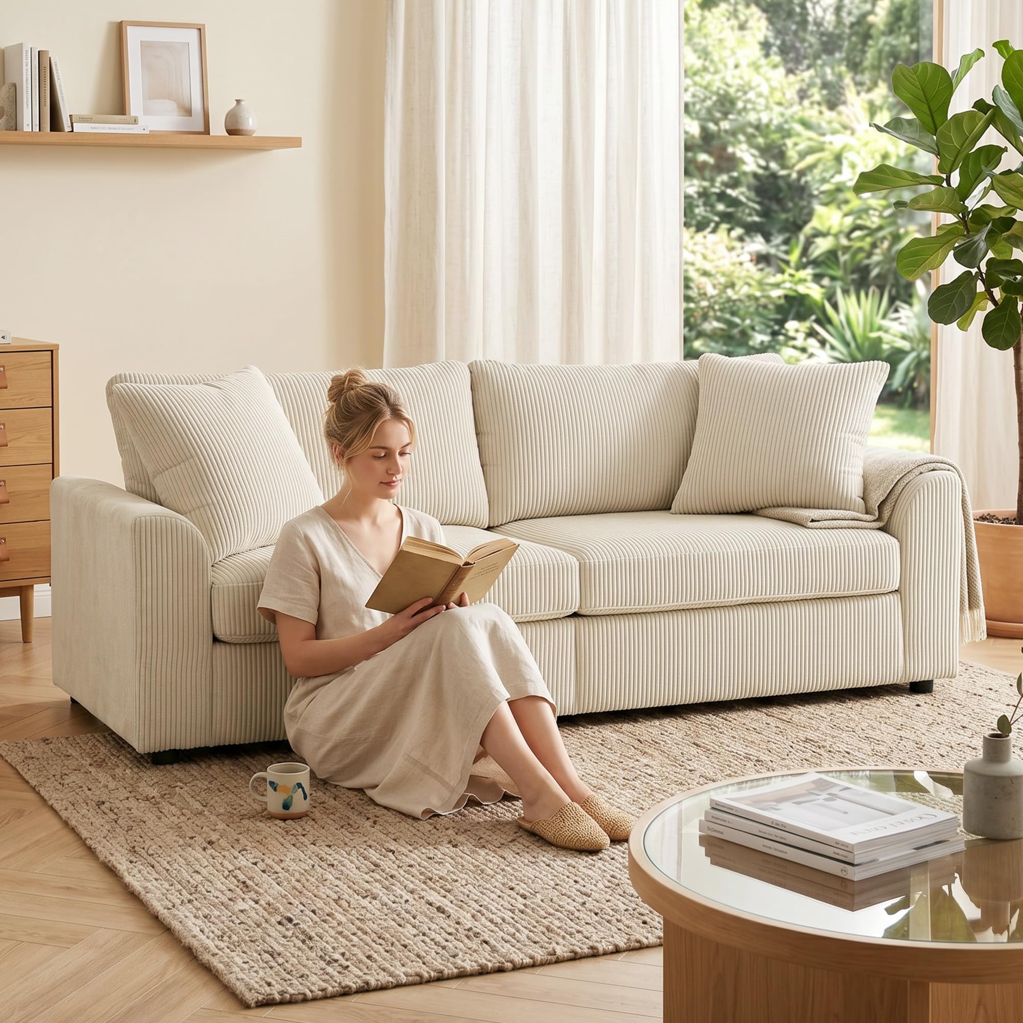 HOMCOM Divano 3 Posti con 2 Cuscini e Braccioli 212x80x88 cm Bianco Crema | in Velluto a Coste, Divanetto Moderno, Struttura in Acciaio, Imbottitura Morbido, Sofà per Casa Soggiorno Salotto