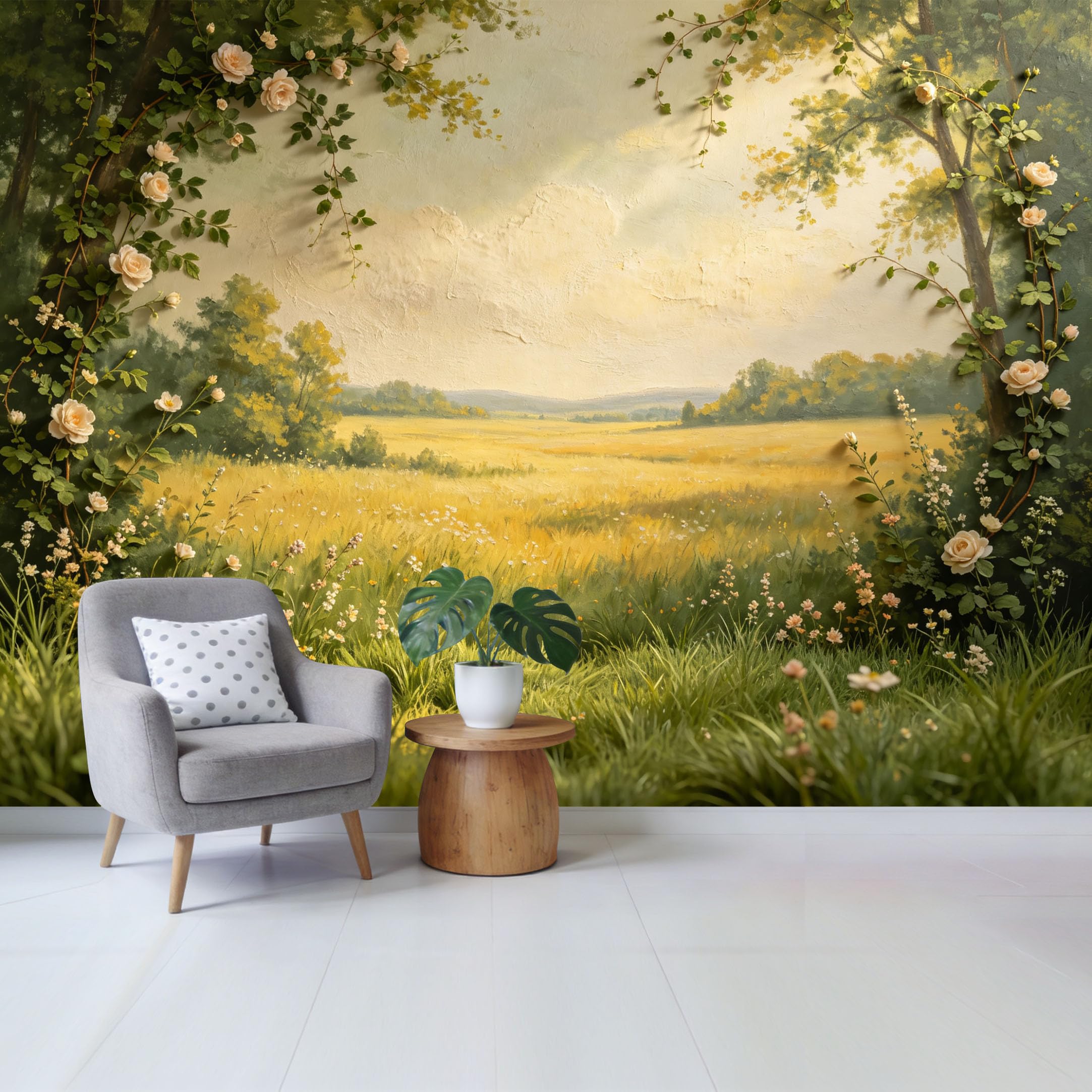 Qzlithotic Yq2605251102 Custom Size Wall Mural Impressionist Meadow Field Botanical Rose Garden Oil Painting Texture Selfadhesive Wall Fabric Removable Wallpaper For Home Office Decor
