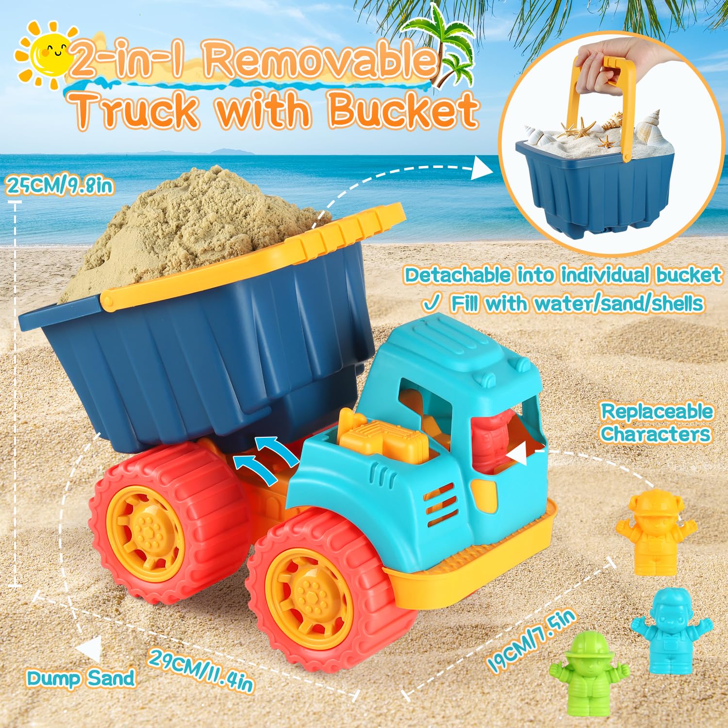 Elovien Beach Sand Toys, Large Dump Truck with Bucket, Sandbox Construction Toy Sand Castle Building Kit with Mesh Bag, Sand Molds, Shovels, Worker Figures, Kids Toddlers Summer Outdoor Travel Toys