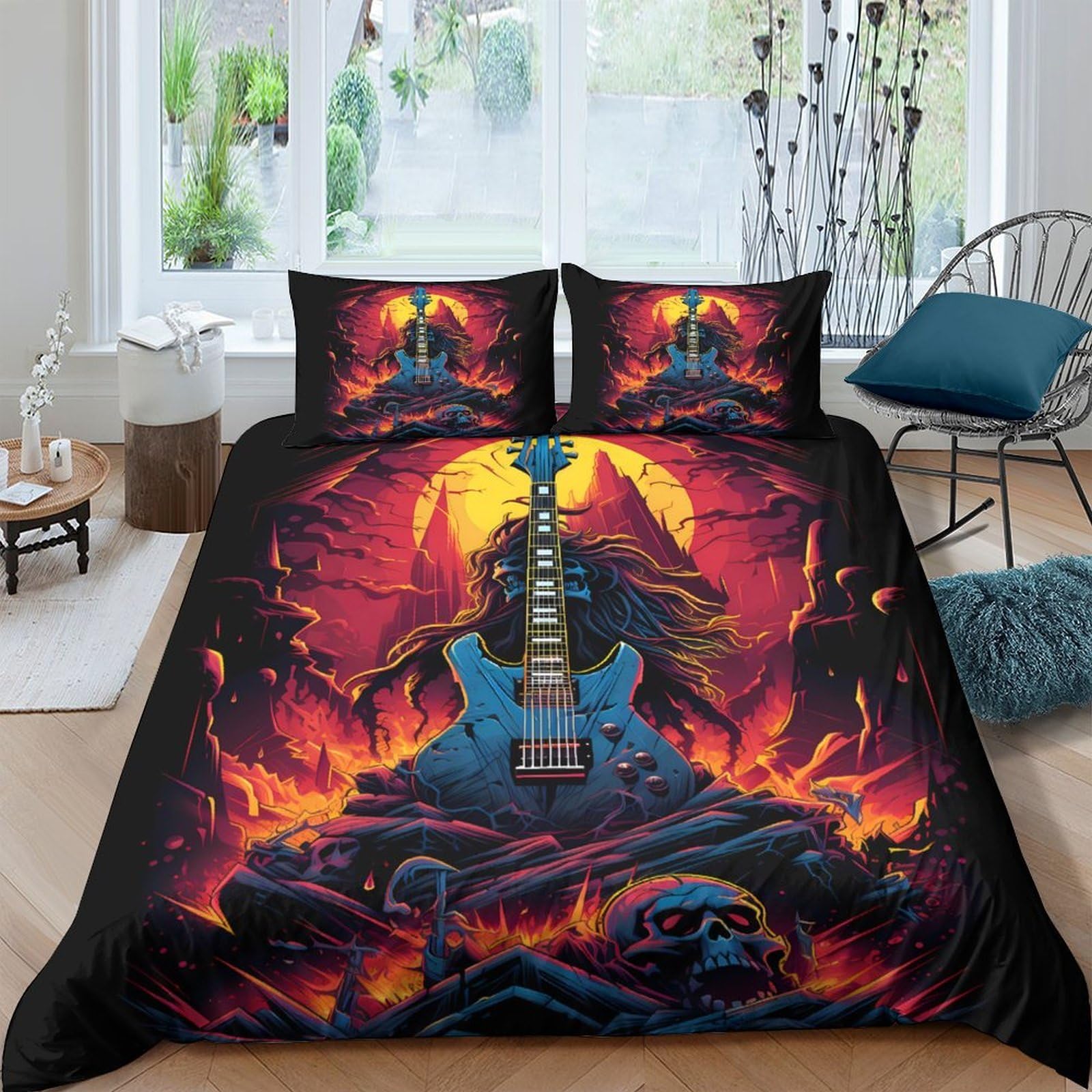 Ctjqhvkz Style-5 3D Printed Fire Guitar Fitted Sheet Microfiber Soft Breathable Flaming Rock Mattress Cover For Bedroom Dorm Decor Single（135X200cm）