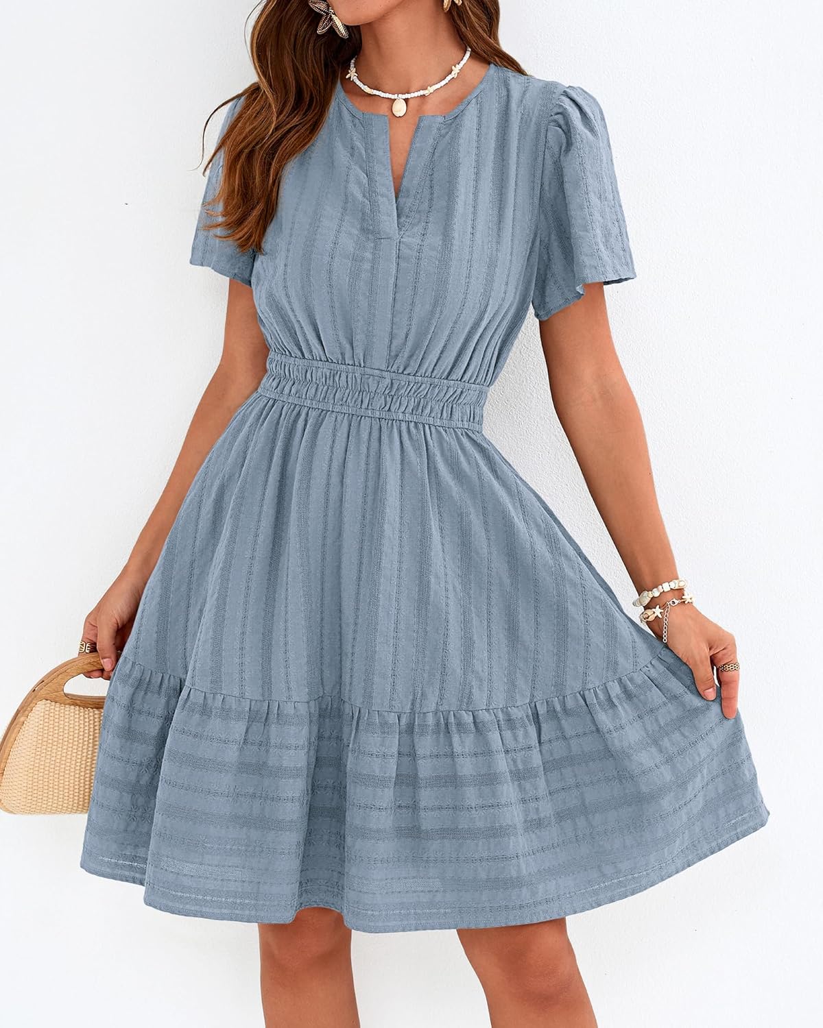 BTFBM Womens Spring 2026 Casual Mini Dresses Lightweight Short Sleeve V Neck Elastic Waist Cute Boho Beach Dress Pockets - Image 2