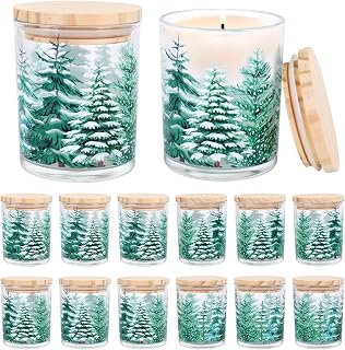 Whaline 12Pcs Christmas Empty Candle Jar with Wooden Lid Xmas Tree Glass Candle Container for Candles Making Storing Kitchen Table Centerpiece Decoration