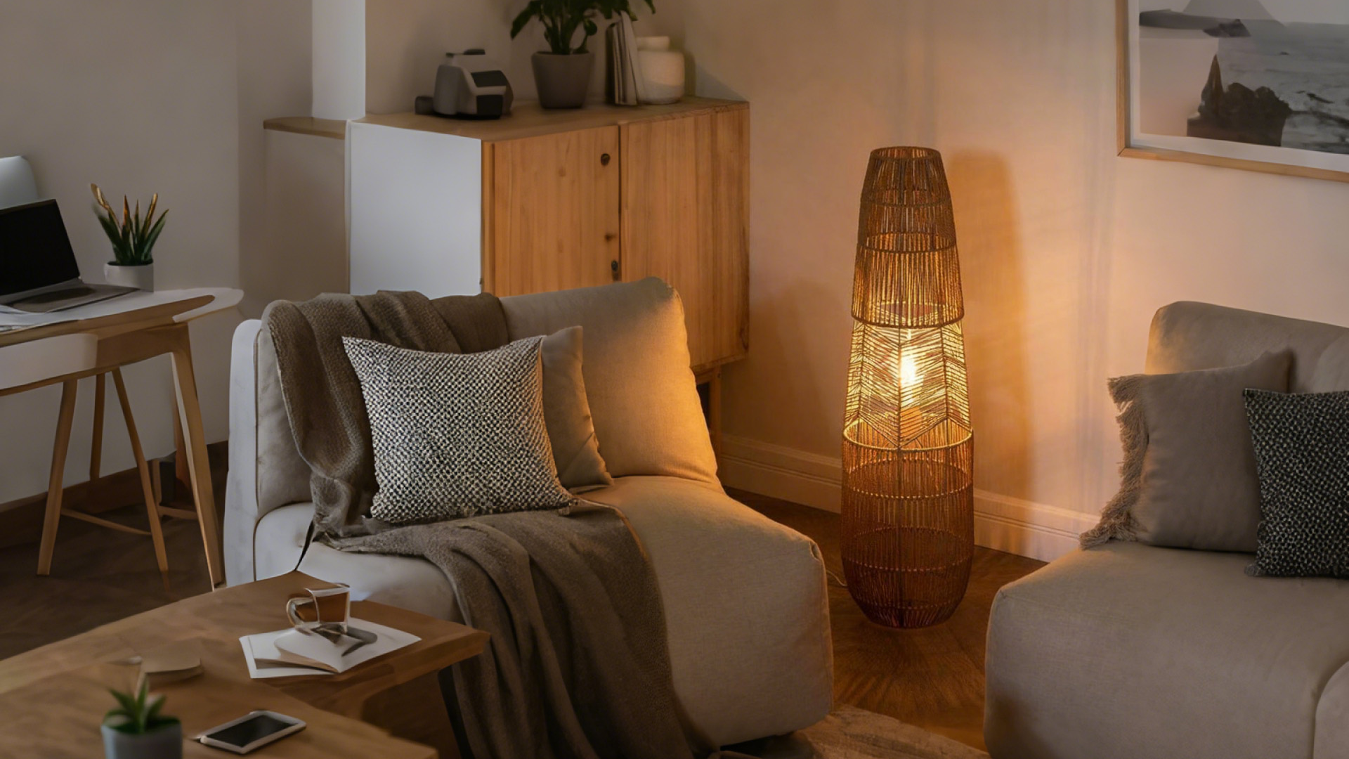 Image of Hand Woven Rattan Floor Lamp,Boho Standing Lamps for Living Room | Handcrafted Wicker Shade,No Assembly Required,Unique Shadow Effects,Foot Switch Control,36 Inch Tall,3 Color Temperature