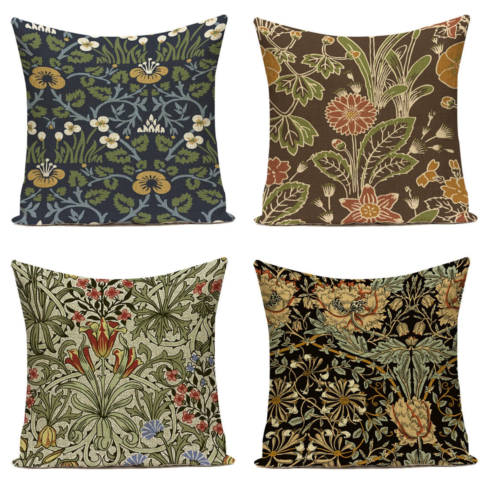 Taies d'oreiller 65x65 lin lot de 4 housses coussins de canapé carré motif vintage fleur