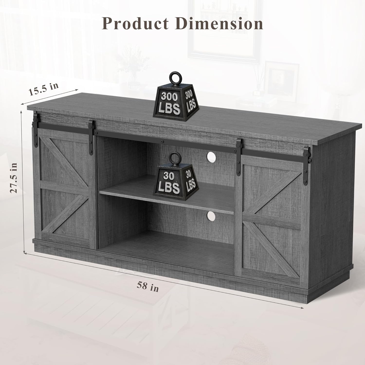 YESHOMY TV Stand for Televisions up to 65 Inches, with Sliding Barn Doors and Storage Cabinets, Console Table and Media Furniture for Living Room, 58 Inch, Gray - Image 9