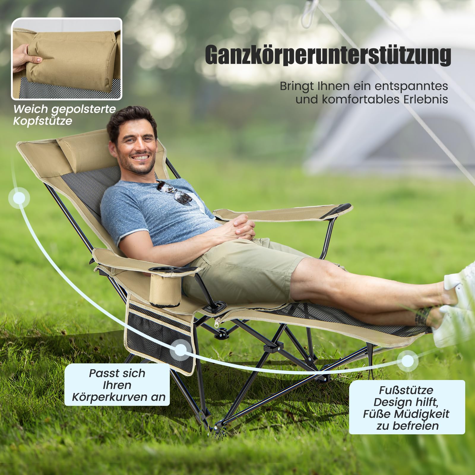 COSTWAY Campingstoel, Kampeerstoel met bekerhouder en lendenkussen, klapstoel, gevoerde visstoel, draagvermogen van 150 kg, draagbare vouwstoel voor picknick, tuin, camping en vissen