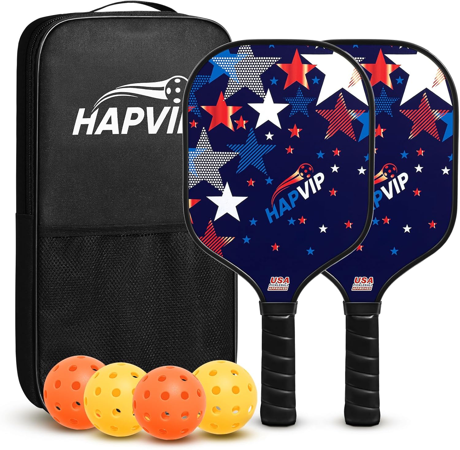 Pickleball Paddles Set of 2,Fiberglass Surface Pickleball Racket with Honeycomb Core,Set Includes 2 Pickleball Rackets,4 Balls,1 Bag,for Men Women Beginners Stars