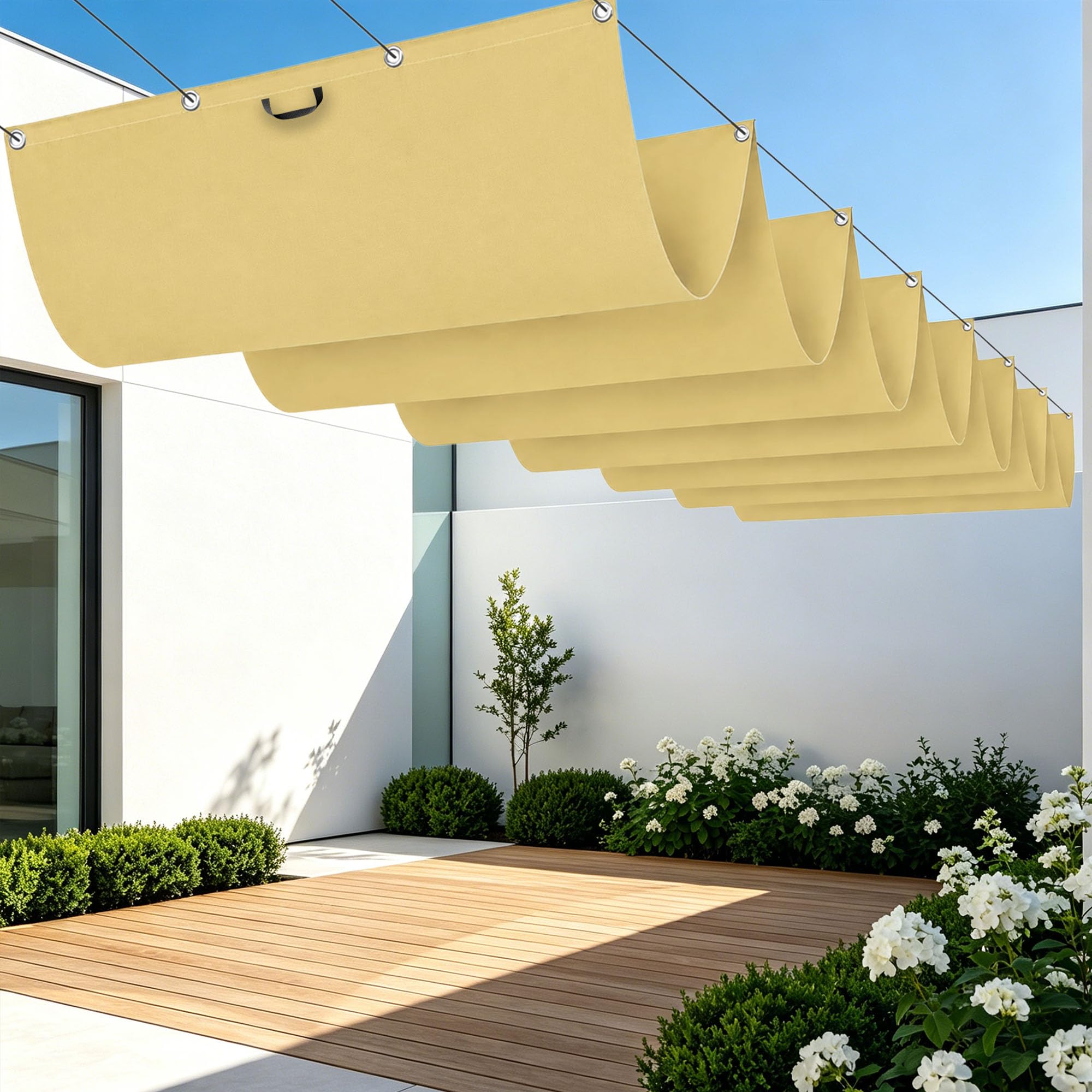 Toile ombrage rétractable vague 400x520 cm imperméable jaune sable pour jardin