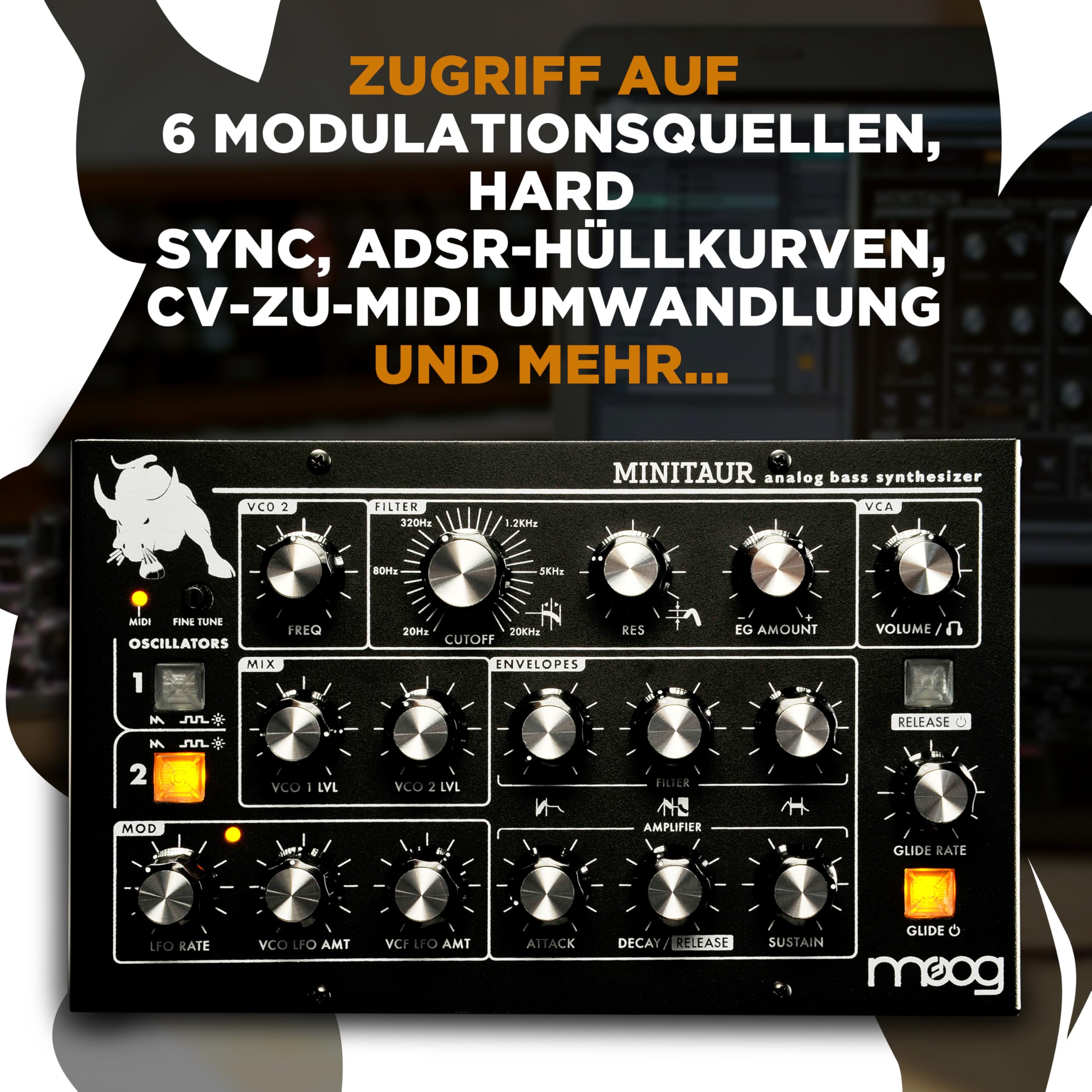 MOOG Minitaur analoger Bass-Synthesizer | Kompaktes Modul, 128 Presets, Kopfhörerverstärker und Software-Editor