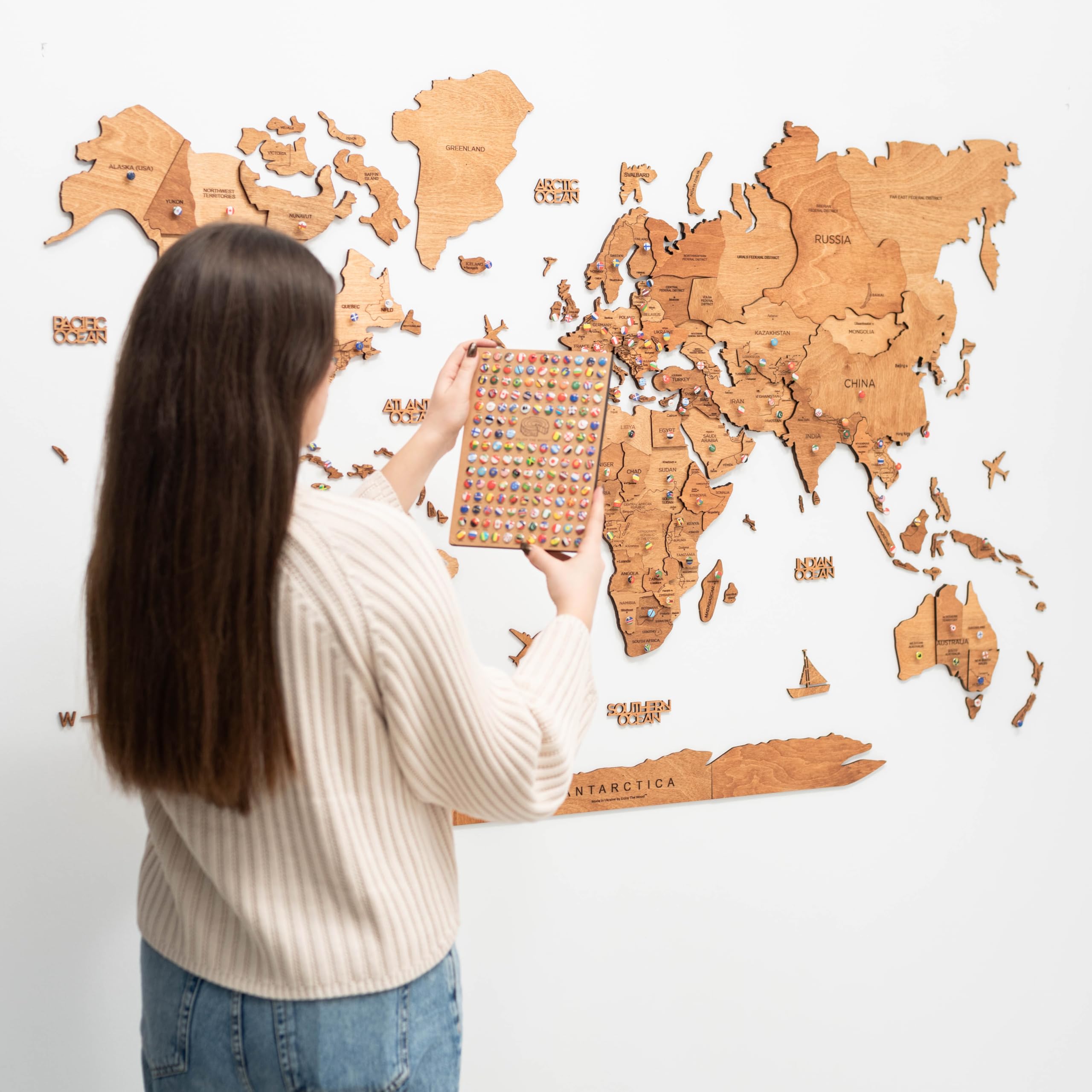 Mapa Mundial de Madera 3D Arte de Pared Decoración de Pared para Regalo de Inauguración de Casa (L, Oak)