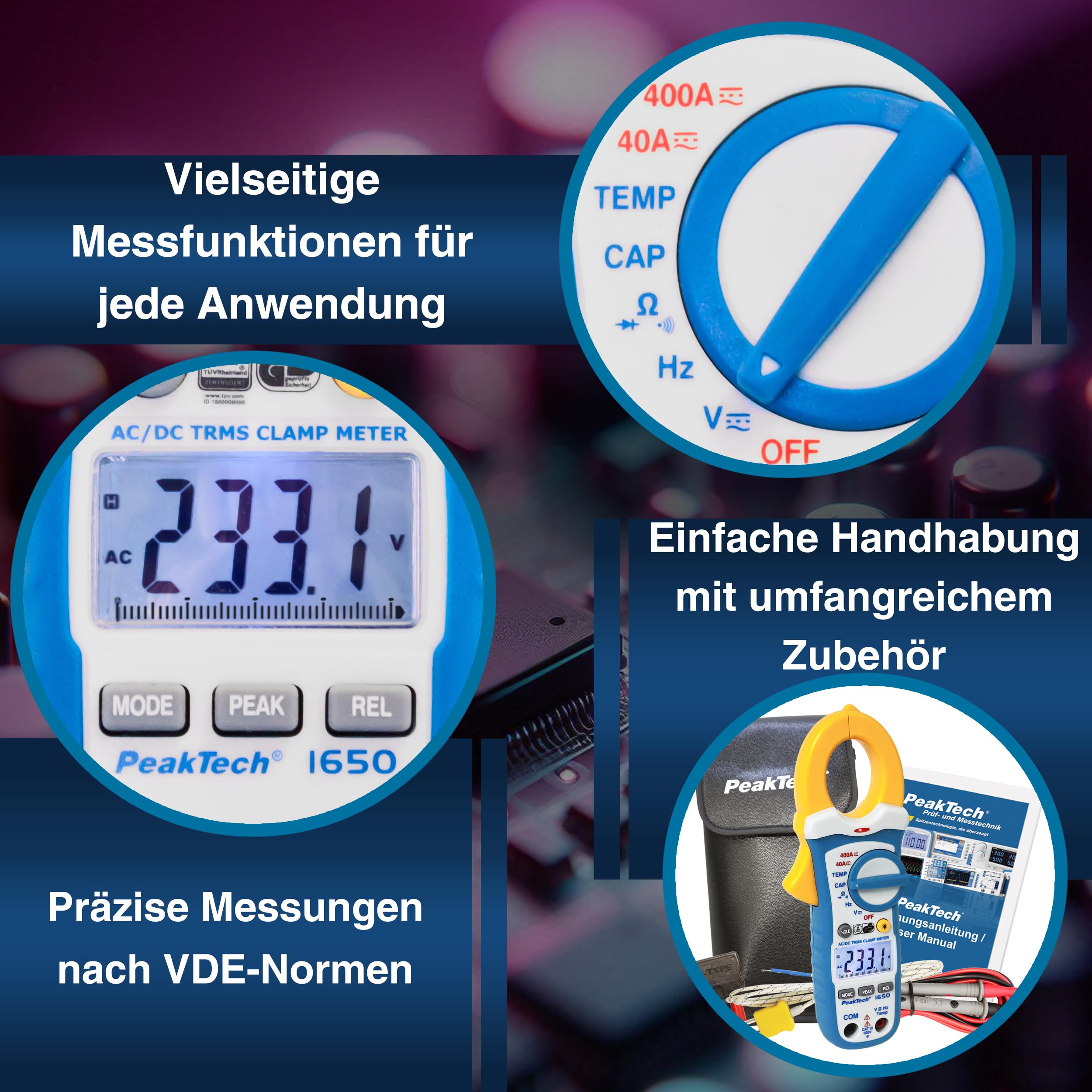 PeakTech P 1650 – True RMS Stromzange 400A AC/DC, Digital Multimeter, Zangenmessgerät, TÜV/GS, Strommesszange, 4000 Counts, Berührungsloser Spannungsmesser, Strommessgerät, Durchgangsprüfer Max. 600V