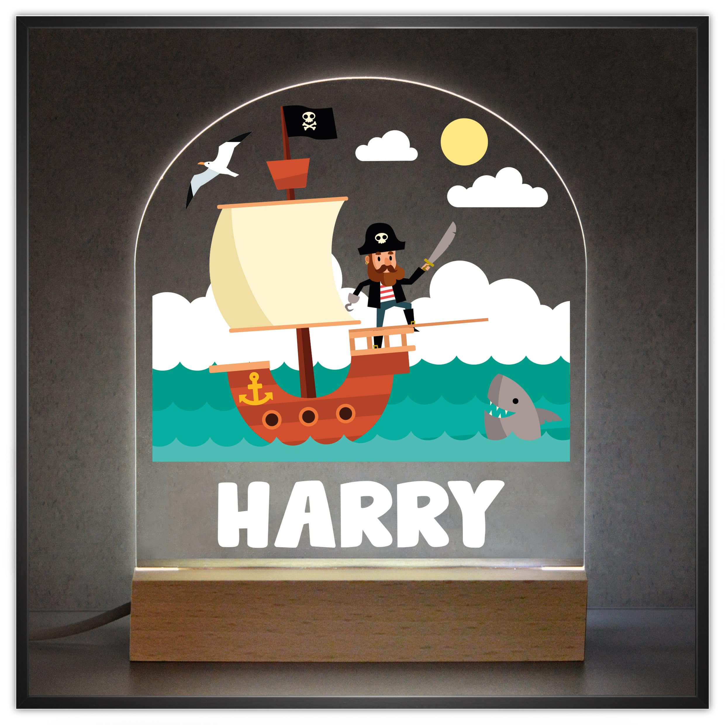 Pirate Ship Bedroom Light with Childs Name, Personalised Acrylic LED Night Light For Boys Son Grandson, Pirate Nursery Bedroom Decor, Boys Girls Sleep Light Lamp, Pirate Gifts