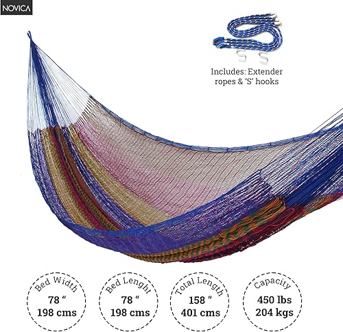 Miniatura 6 de NOVICA Hamaca maya azul y brillante hecha a mano, hecha a mano, hecha a mano, maya de nailon tejido, larga duración, ribete de nailon de algodón,