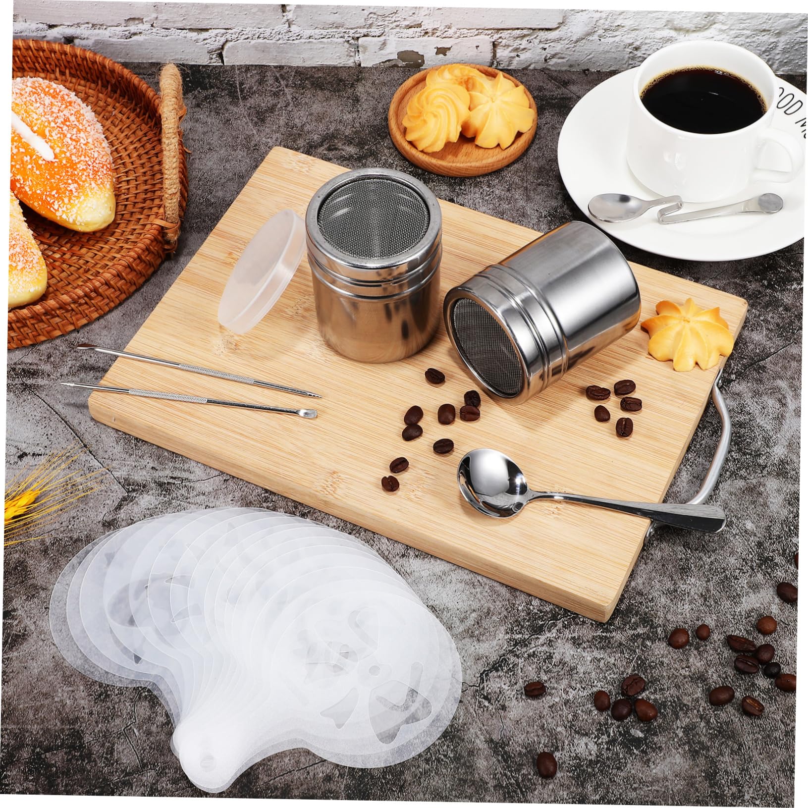 BESTYASH 1Set Coffee Decorating Stencils Set Latte with Templates Powder with Lid Latte Art Pens and Coffee Spoons for Home Use