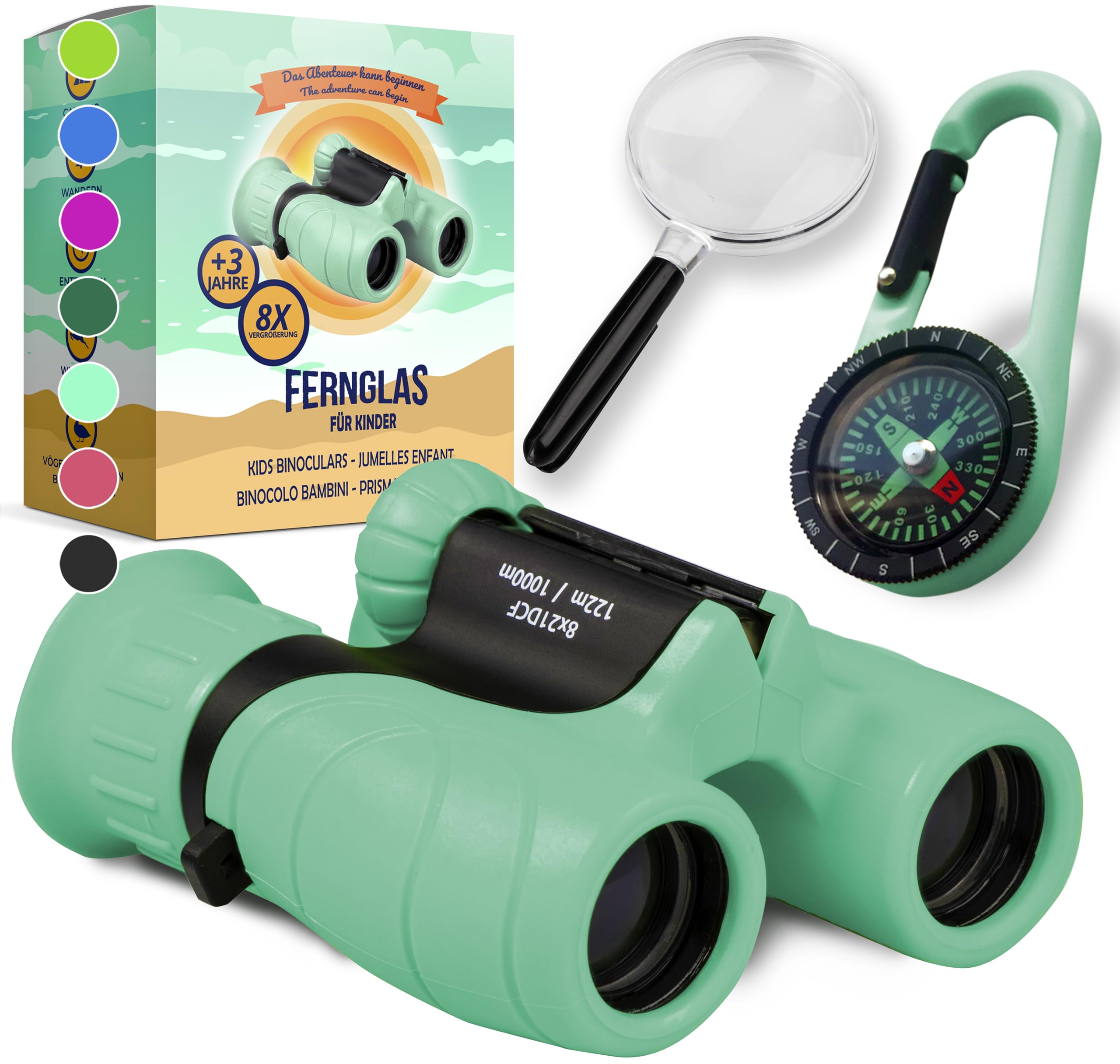 Fernglas für Kinder kleine Jungen und Mädchen - Starke Vergrößerung 8X21 – Großes Set inkl. Lupe & Kompass – Spielzeug für 3 – 12 Jahre (mintgrün)