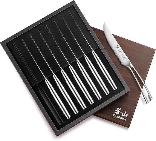Cangshan TN1 Series 1024111 8-Piece Swedish 14C28N Steel Forged Straight Edge Steak Knife Set, Wood Box