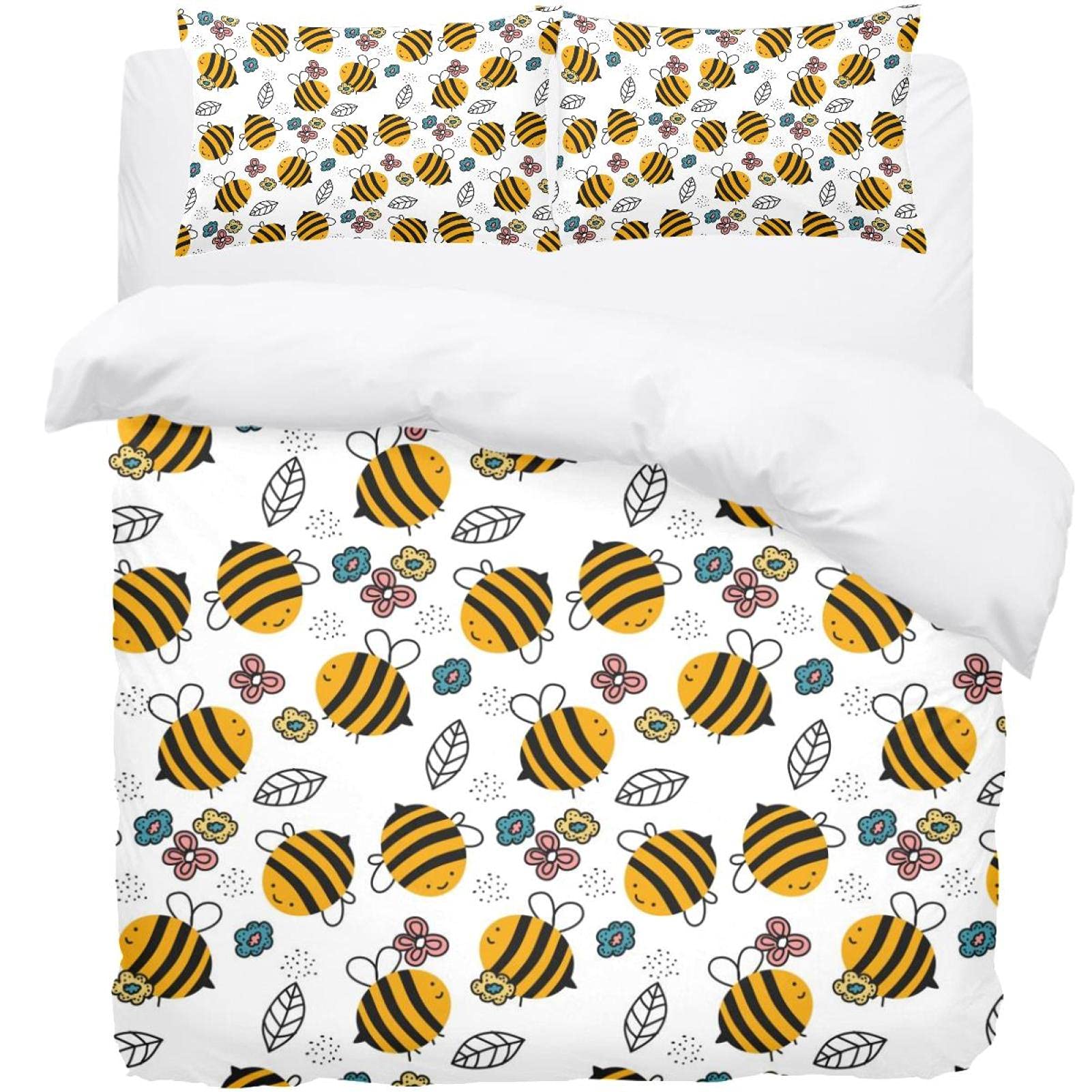 Housse de couette et 2 taies d'oreiller motif abeille dessinée main pour lit double