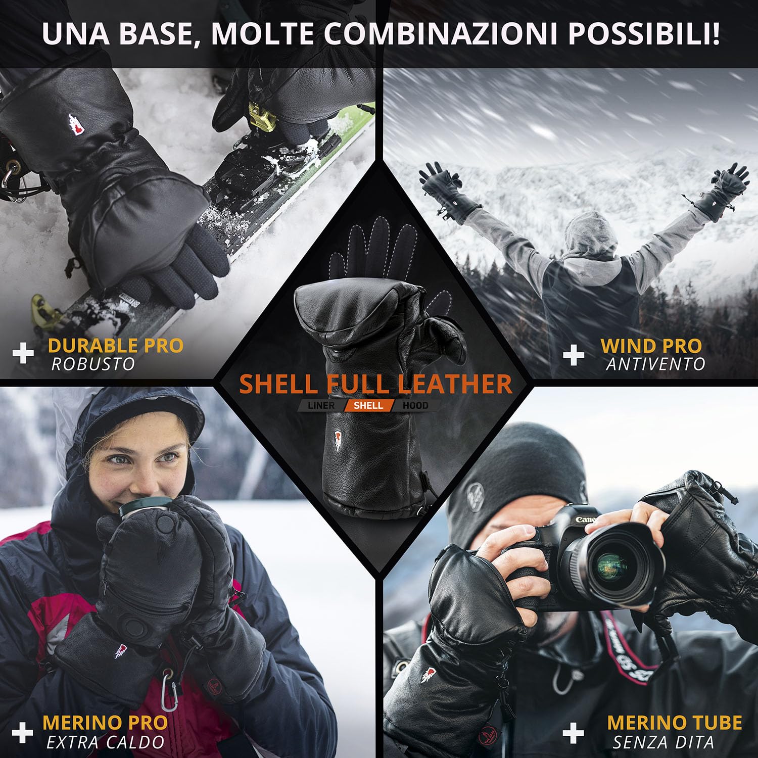 THE HEAT COMPANY Shell Full Leather muffole - L'innovazione dei guanti - Guanti pelle da ripiegare - Guanti invernali extra caldi - Guanti termici sci: uomo & donna - senza guanto interno