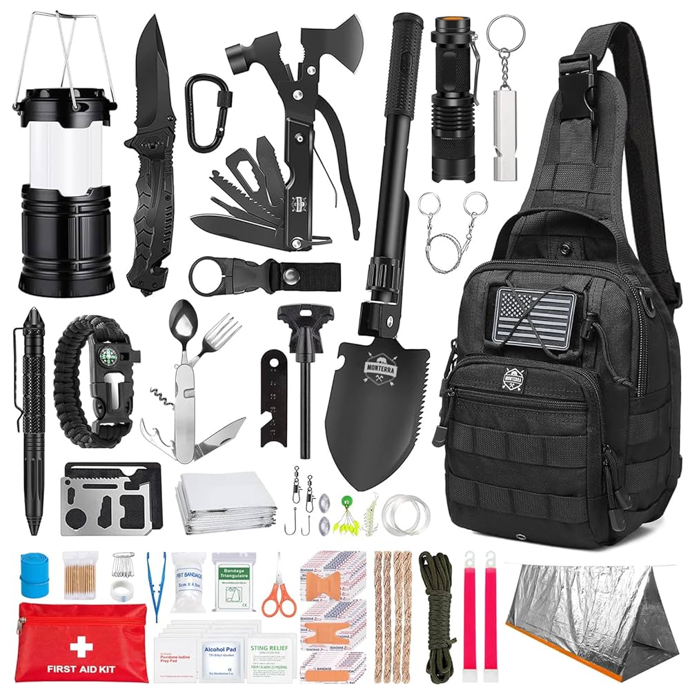 Monterra 265-piece comprehensive emergency survival kit with tactical gear and first aid supplies