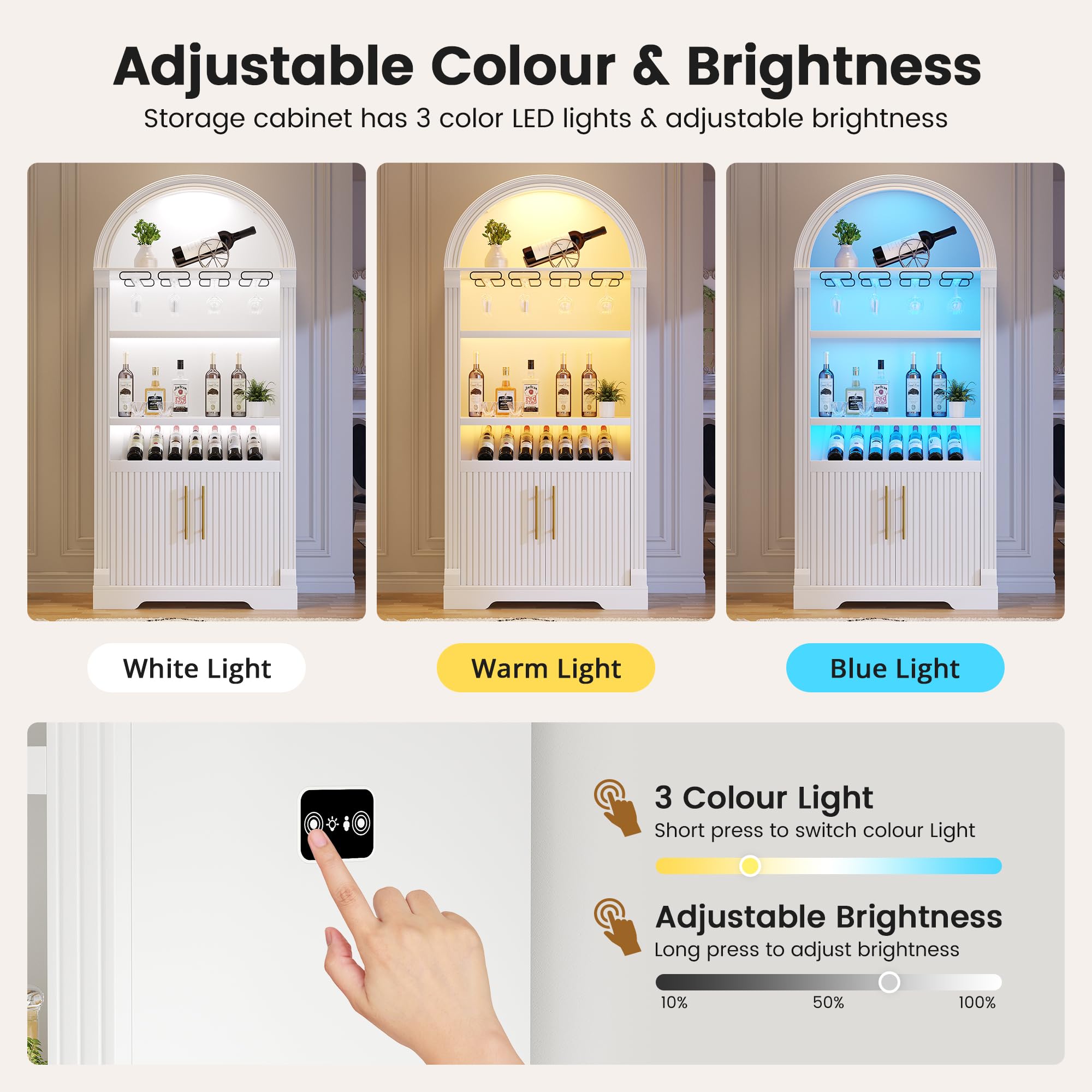LVSOMT LED Bogen Weinschrank Holz, 180cm Barschrank Modern, 3 Farben Licht, 4 Reihig Rotweinglas Regal, 2 Tür Stauschrank, Weinschränke für Küche Esszimmer Wohnzimmer, Weiß