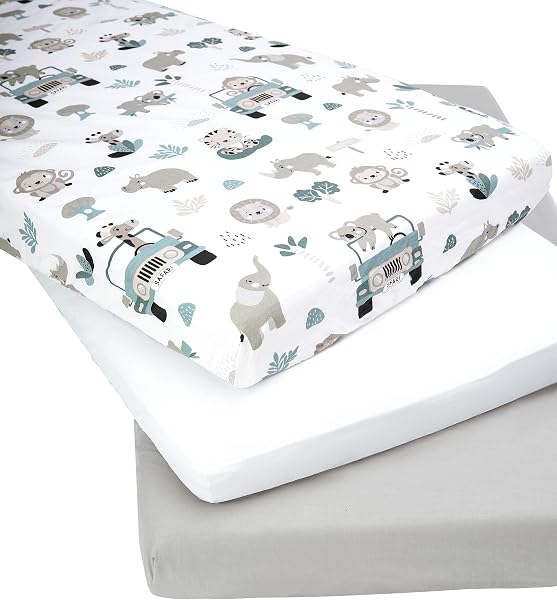 Visita lo Store di Medi Partners Medi Partners Lenzuola Lettino Set 3 Neonato 60x120-100% Cotone Lenzuolo con Angoli Culla Coprimaterasso fitted Materassino Sheet Letto Bambino Lenzuolino (Zoo Di Menta-Bianco-Grigio) in use
