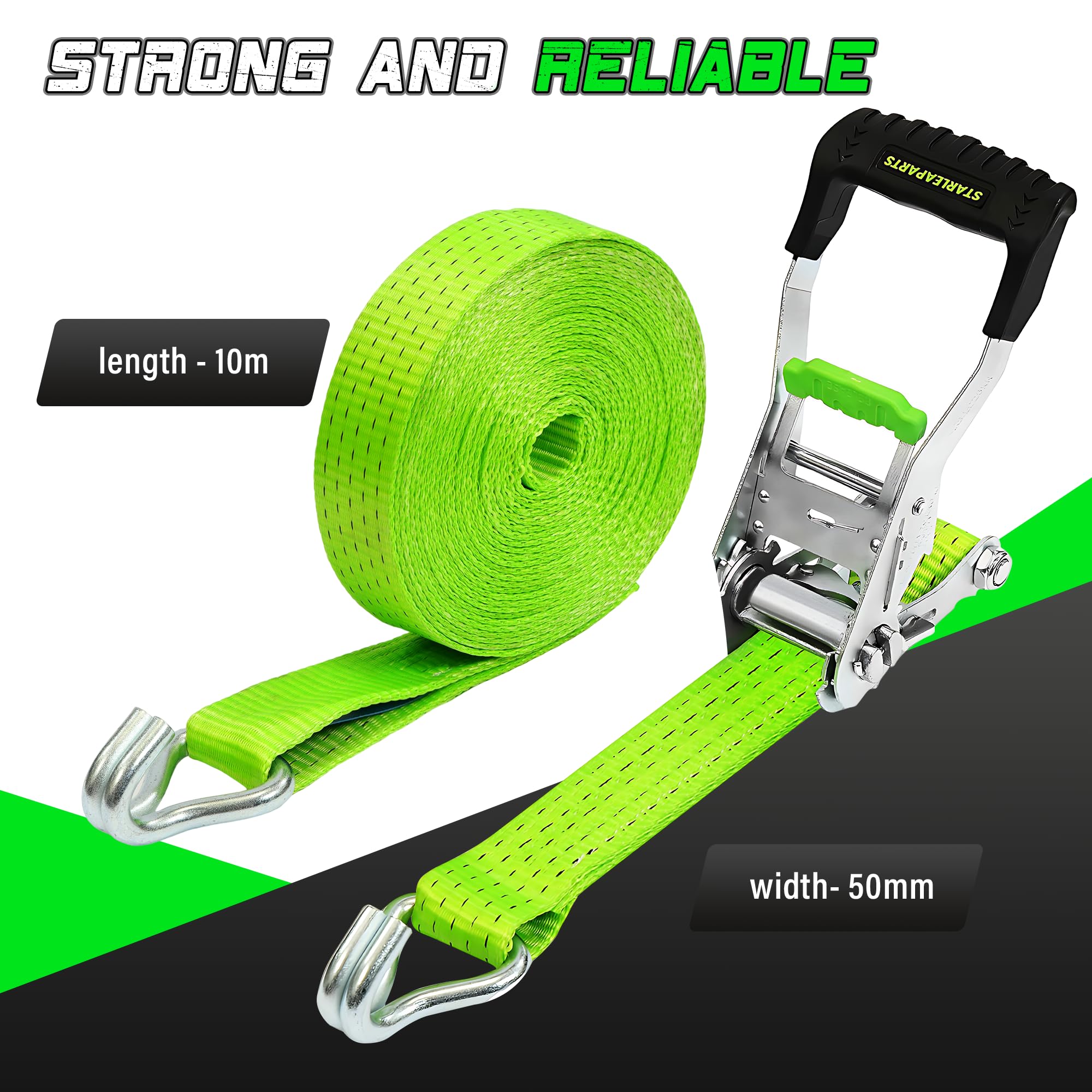 StarLeaparts Sangles de Roue robuste, 50mm x 10m, Résistance à la rupture de 5000kg, Sangles d'arrimage pour Transport Voiture Sangle de Serrage Pneu, Sangle a cliquet Roue, Sangle de sécurité de roue