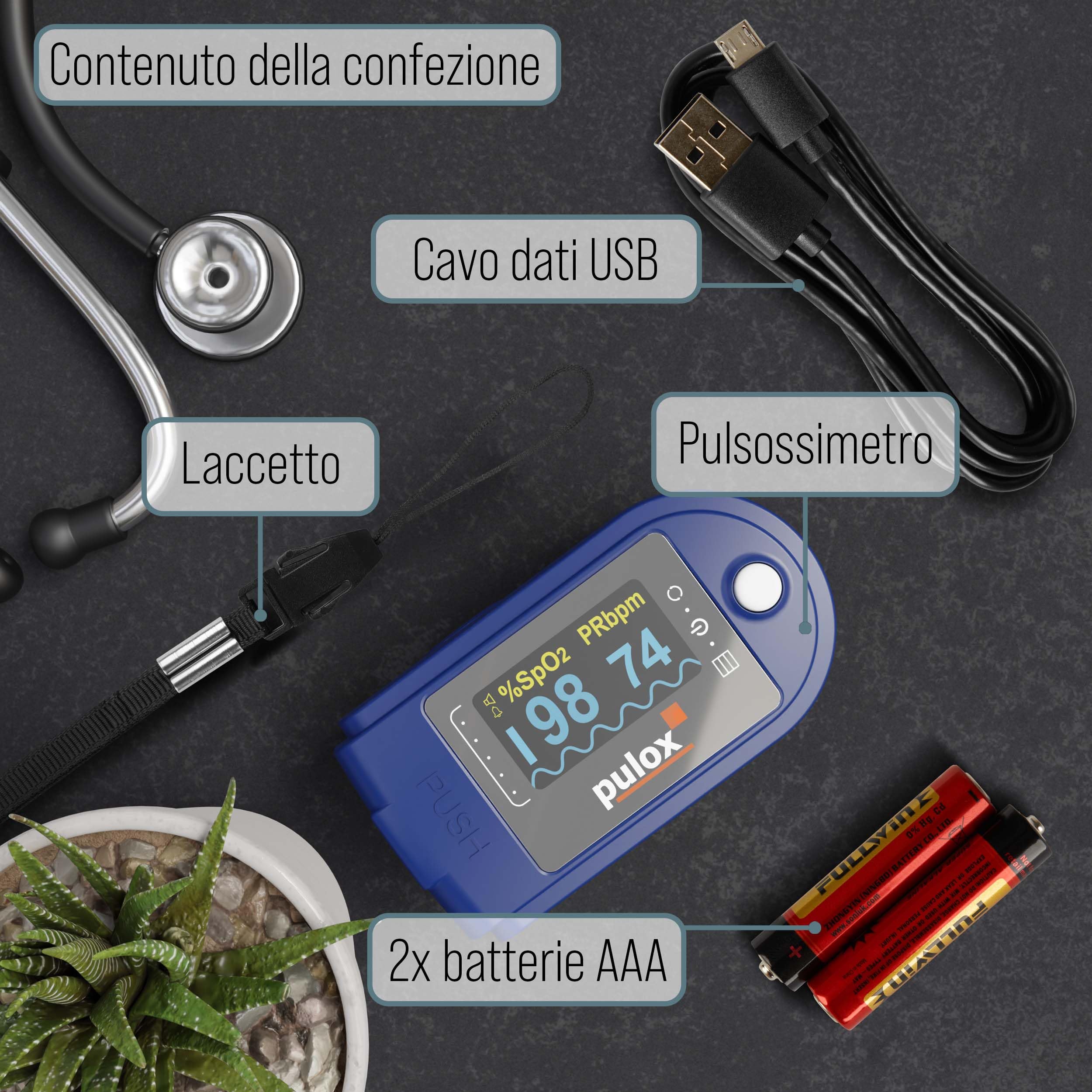 Pulossimetro Pulox PO-250 - Saturimetro da dito per misurare SpO2 e polso, funzione di allarme e registrazione e accessori