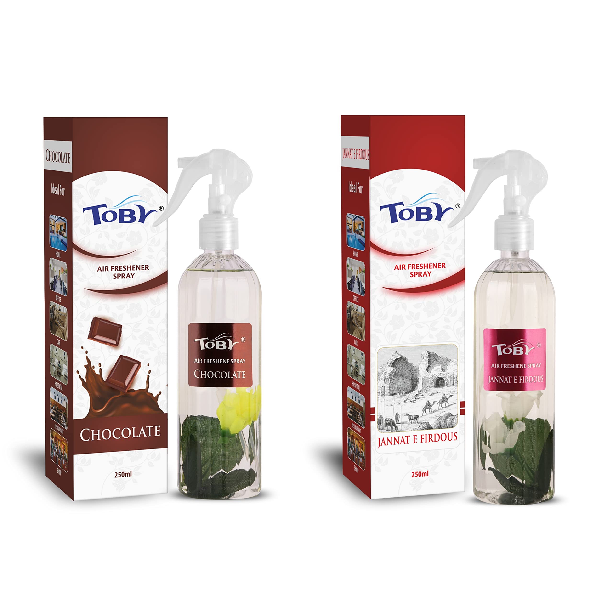 Toby Air Freshener Spray - Chocolate & Jannat E Firdous | Long-Lasting Fragrance | Pack of 2 (250 ml each)