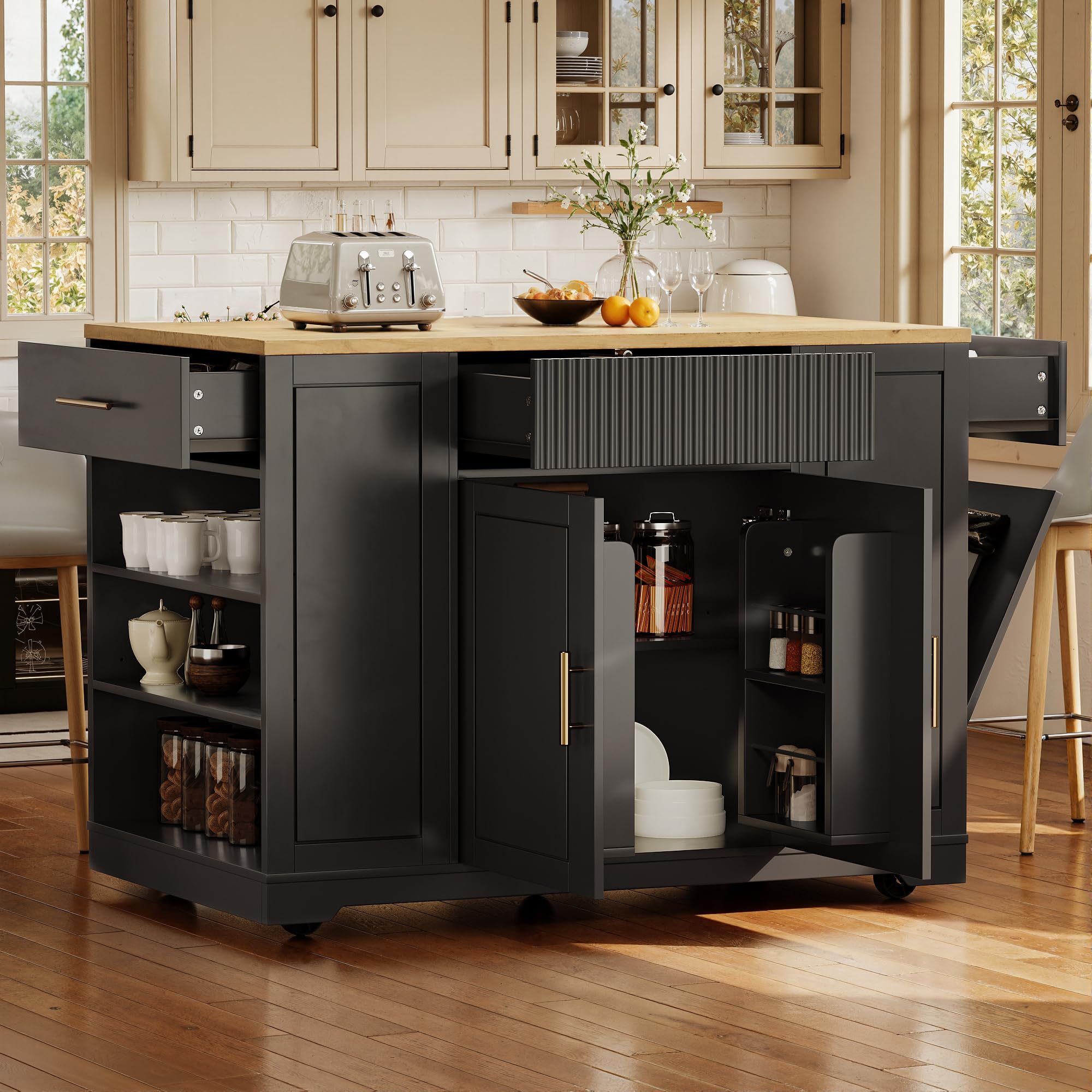 Isola da Cucina, Armadio da Cucina, 120 x 50 x 92 cm, Carrello di Servizio, con Scomparto per Pattumiera, Ripiani Regolabili, Due Ante e TRE Cassetti (Nero)
