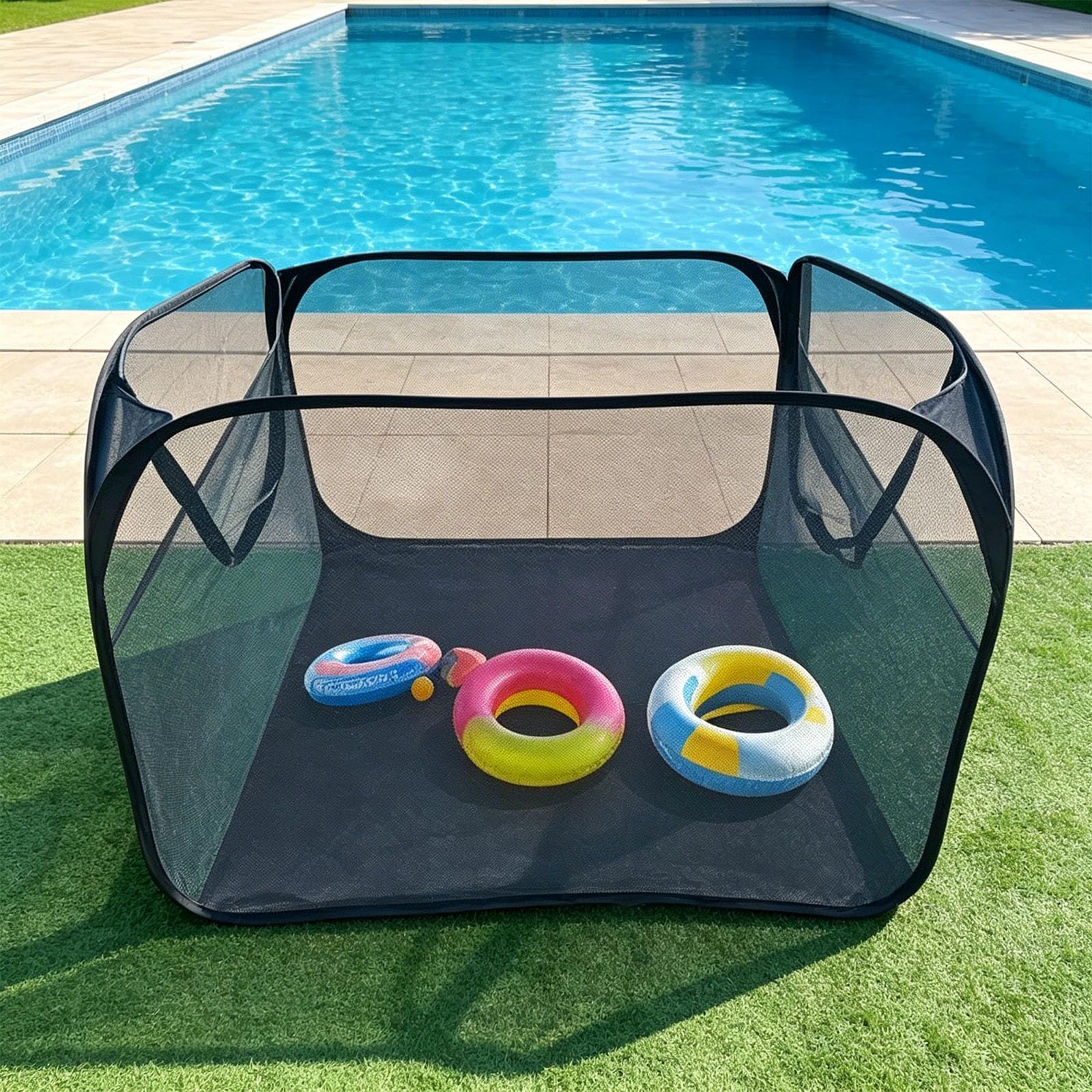 Red de almacenamiento multiusos ventilada junto a la piscina para natación | Soporte para equipo de natación con anclajes de suelo para trajes de baño húmedos y accesorios de agua