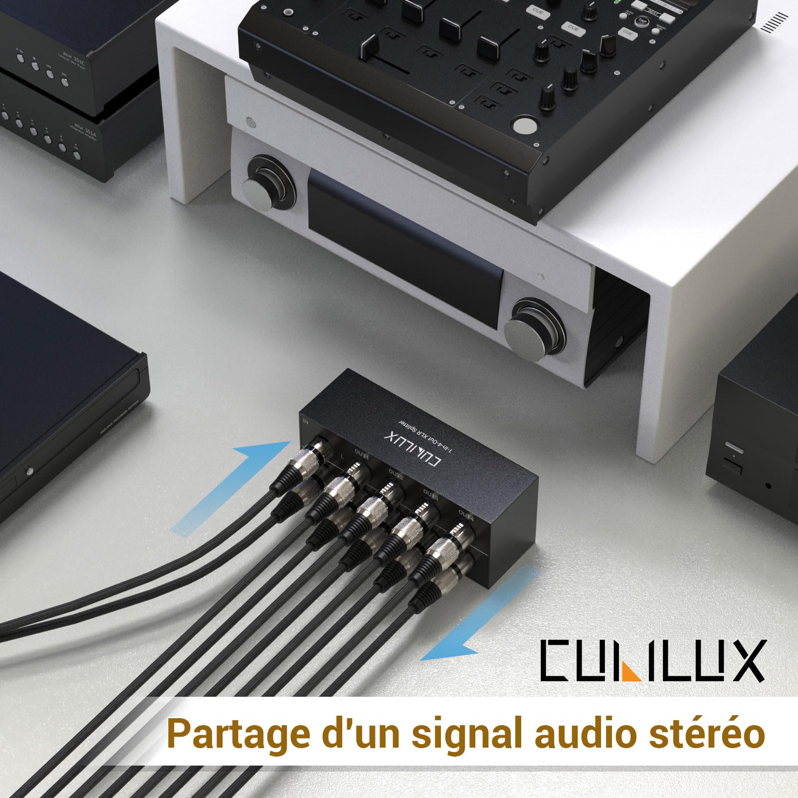 Cubilux Diviseur Audio Stéréo XLR 4 Voies, Convertisseur Audio Balancé 1 Femelle vers 4 Mâles, Boîte Diviseuse 4 Canaux 1 Entrée 4 Sorties