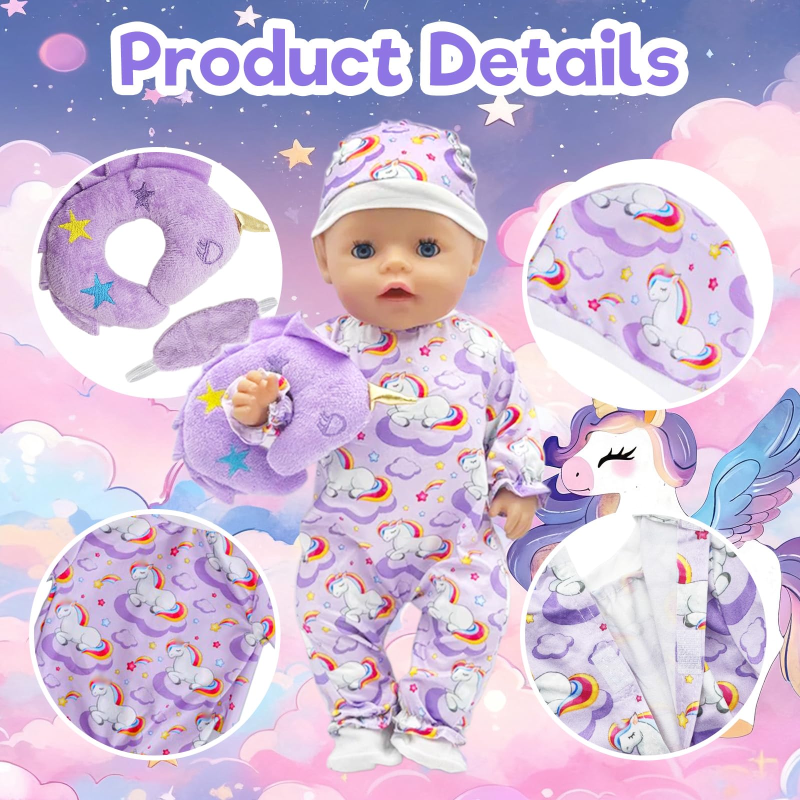 Baby Doll Clothes 16-18 Inch Dolls 43cm, Purple Pony Bodysuit Outfit with Hat, Hanger, Pillow, Eye Mask & Socks - Image 3