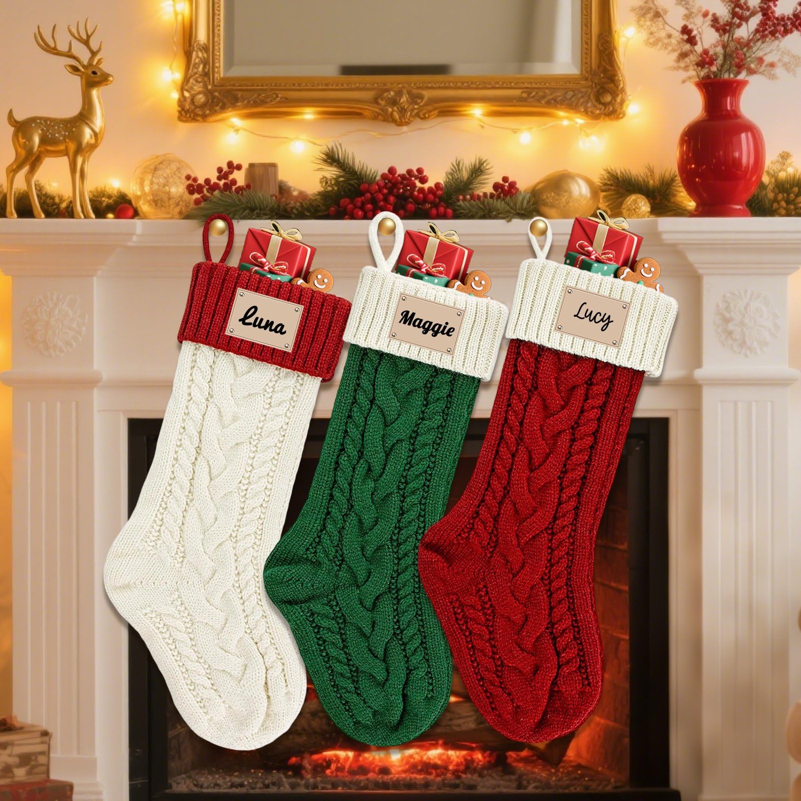 Spersonalizowana duża skarpeta bożonarodzeniowa 40 cm z grawerowanymi laserowo naszywkami ze skóry, niestandardowa nazwa pończochy świąteczne do rustykalnego/wiejskiego kominka dekoracja
