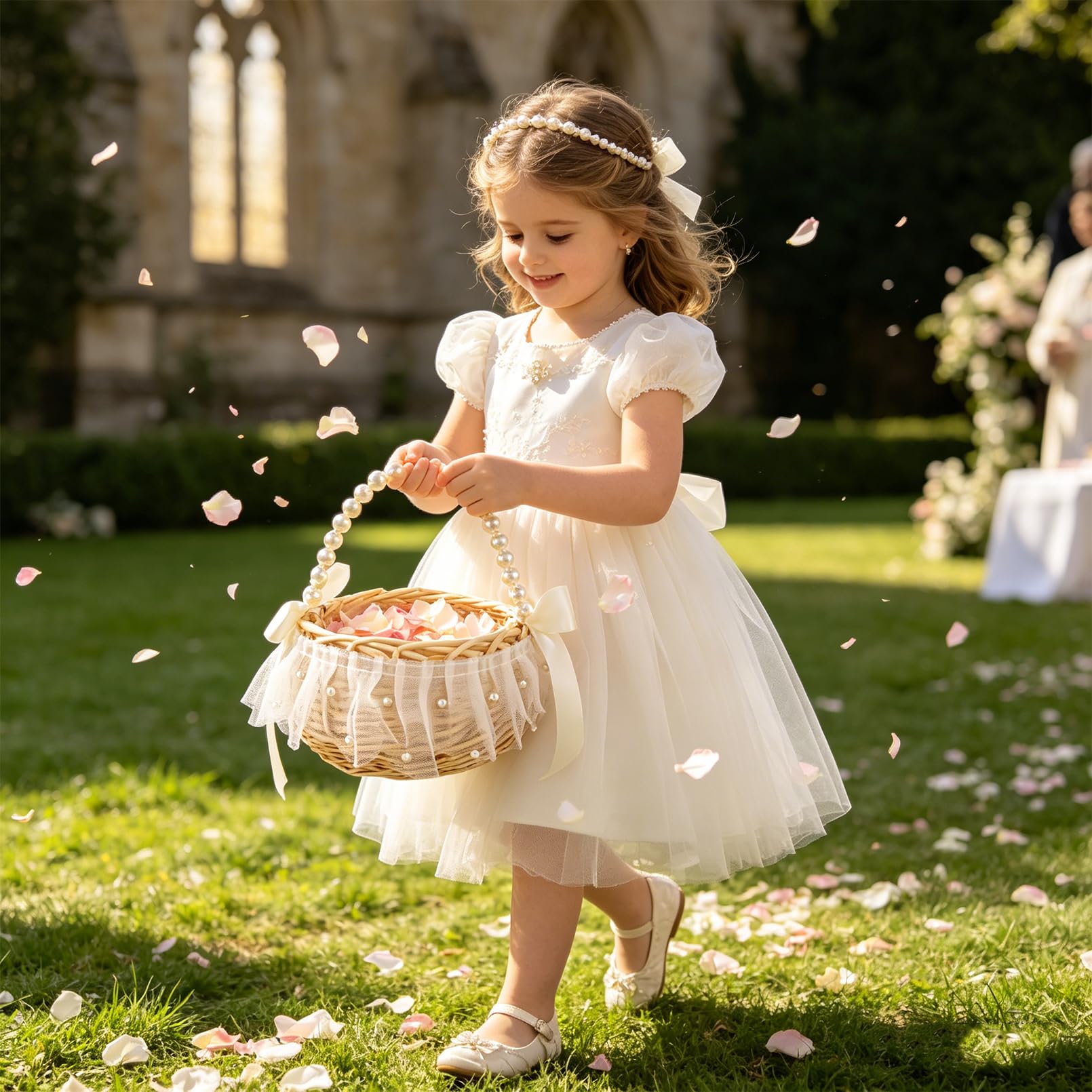 Blumenmädchen Korb 20×16 cm mit Henkel & Satin Schleife – Blumenkörbchen Hochzeit für Blumenkinder, Weiß