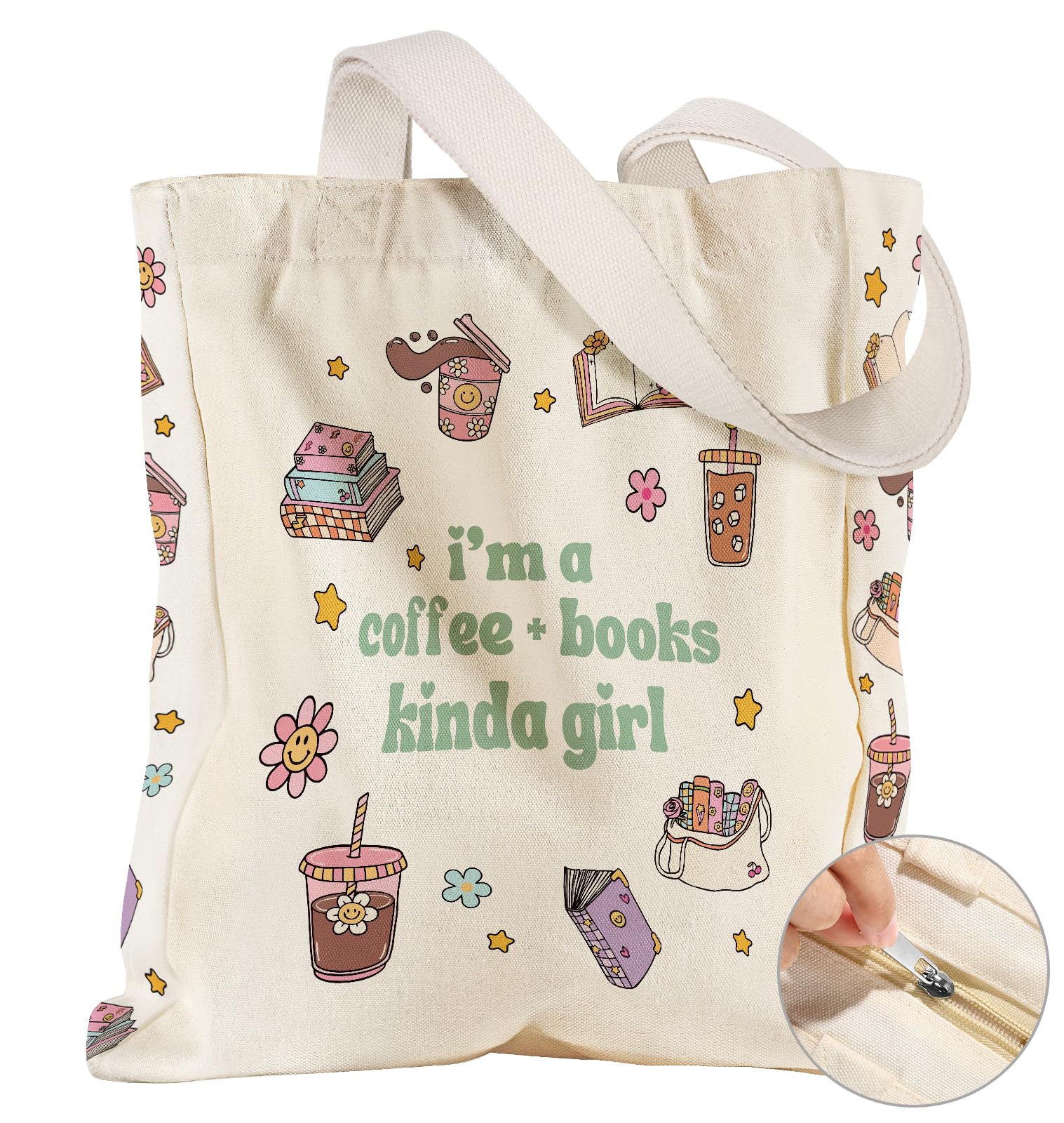 Miss Adola Large Canvas Tote Bag for Women - with Zipper and Inner Pocket Aesthetic Cute Shoulder Bag for Shopping Daily