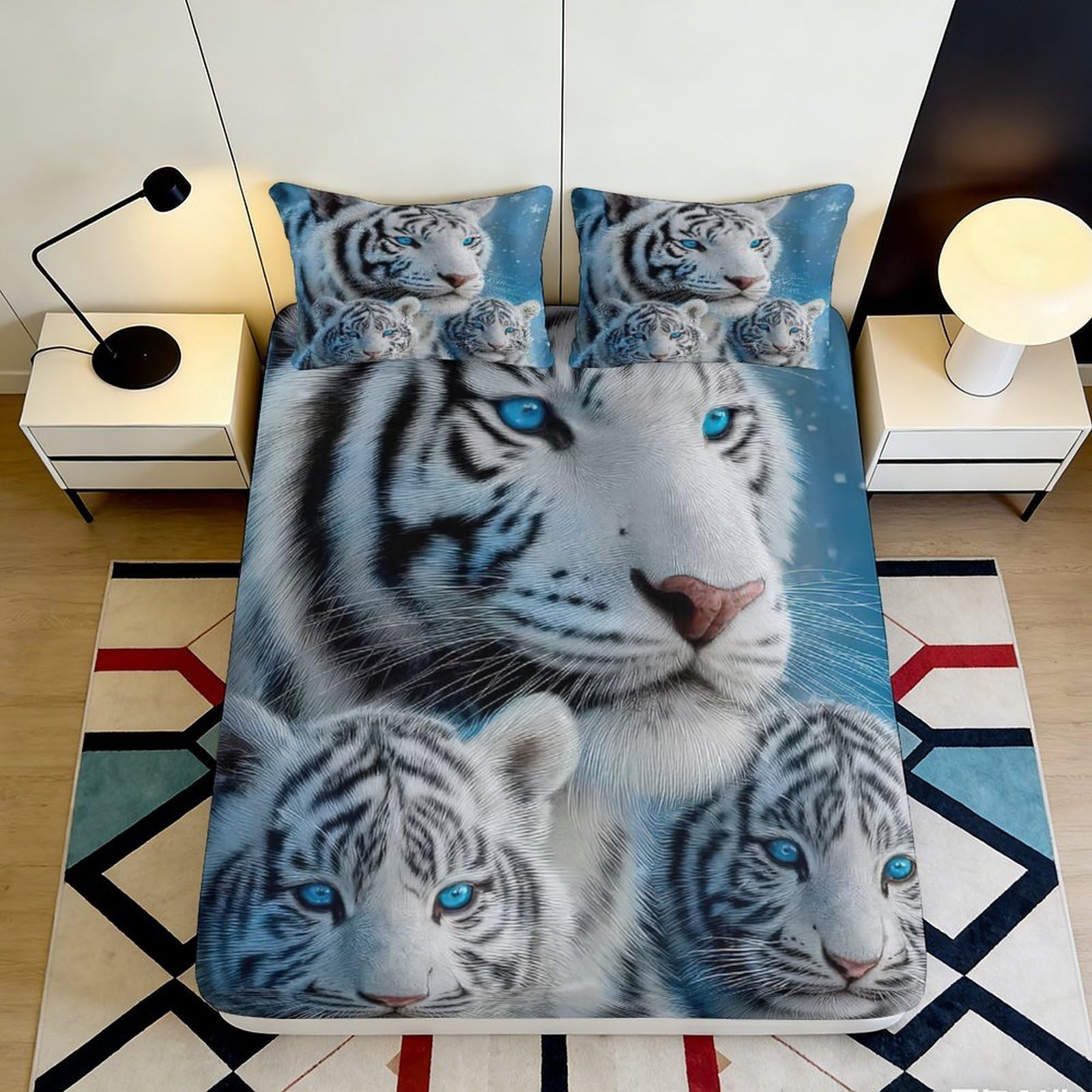 3D Printed White Tiger Fitted Sheet Microfiber Soft Breathable Blue Eyes Tiger Mattress Cover Bedroom Dorm Decor 90x200x25cm