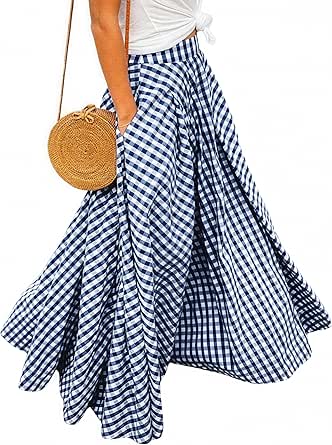 Skirts Women''s Checked High Waist Maxi Skirt with Side Pockets Beach Dress Midi Summer Skirt