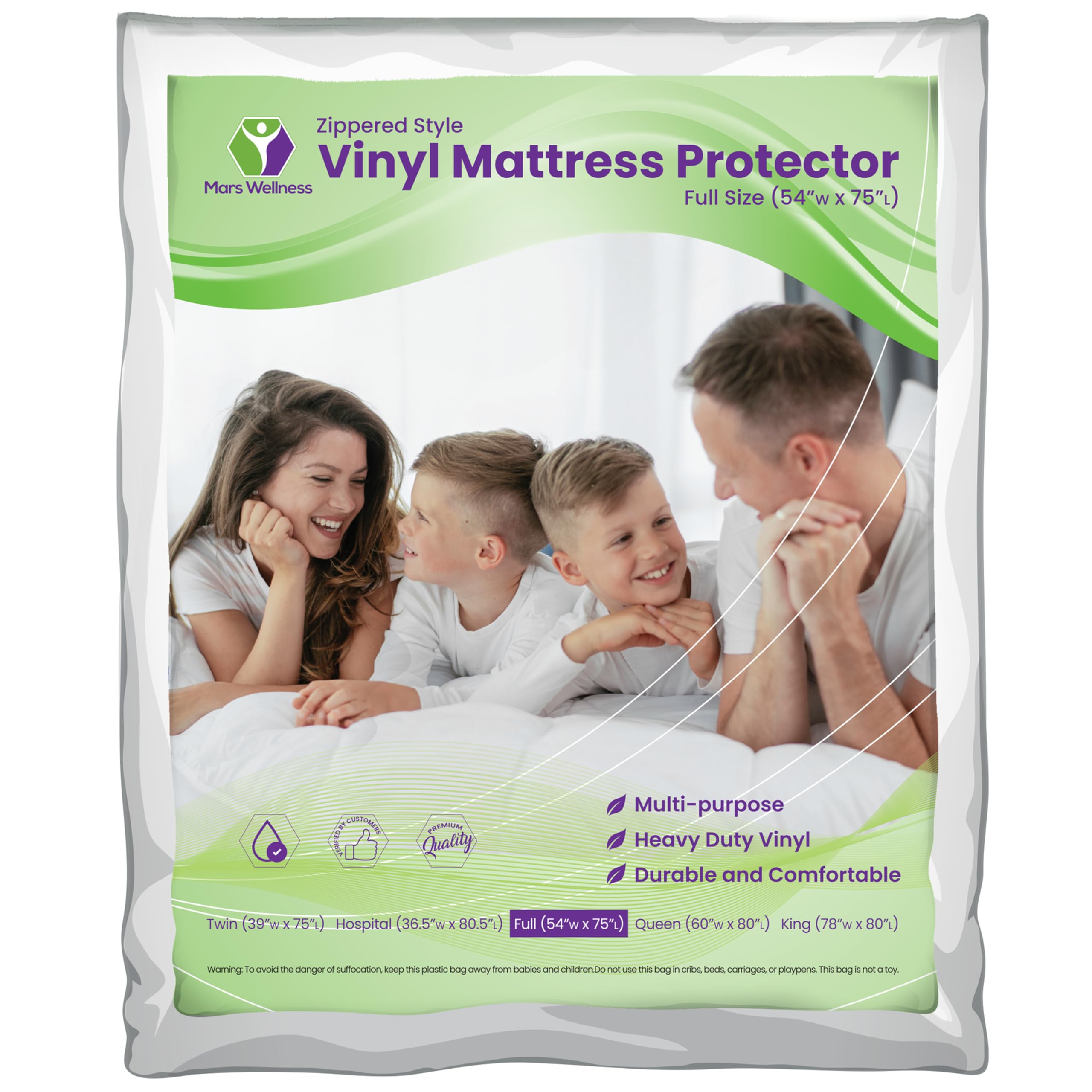 Mars Wellness Waterproof Vinyl Mattress Protector and Cover - Zippered White Mattress Cover Sheet Bed Bugs Mattress Cover - 1 Pack - Full