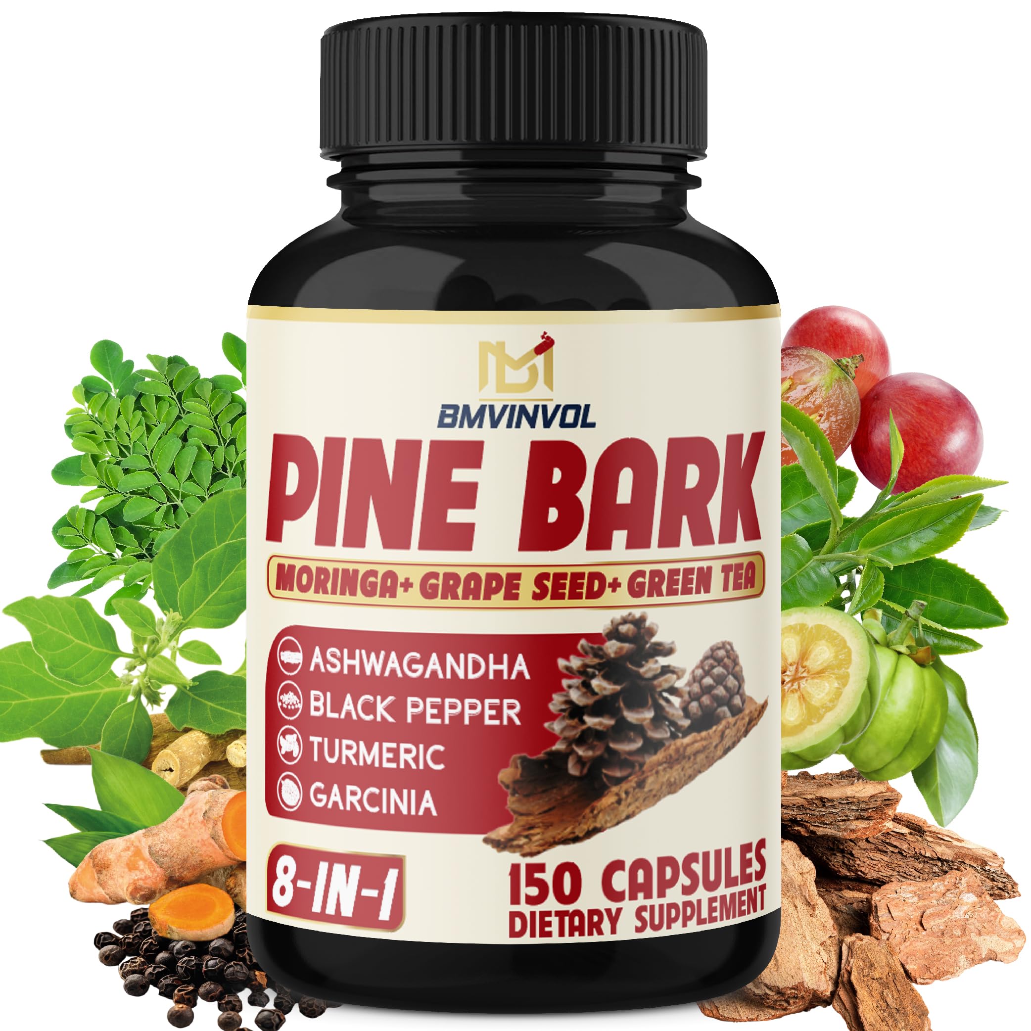 Pine Bark Capsules with Ashwagandha, Turmeric, Green Tea, Garcinia Cambogia, Moringa, Grape Seed, and Black Pepper - 150 Count - 5 Month Supply