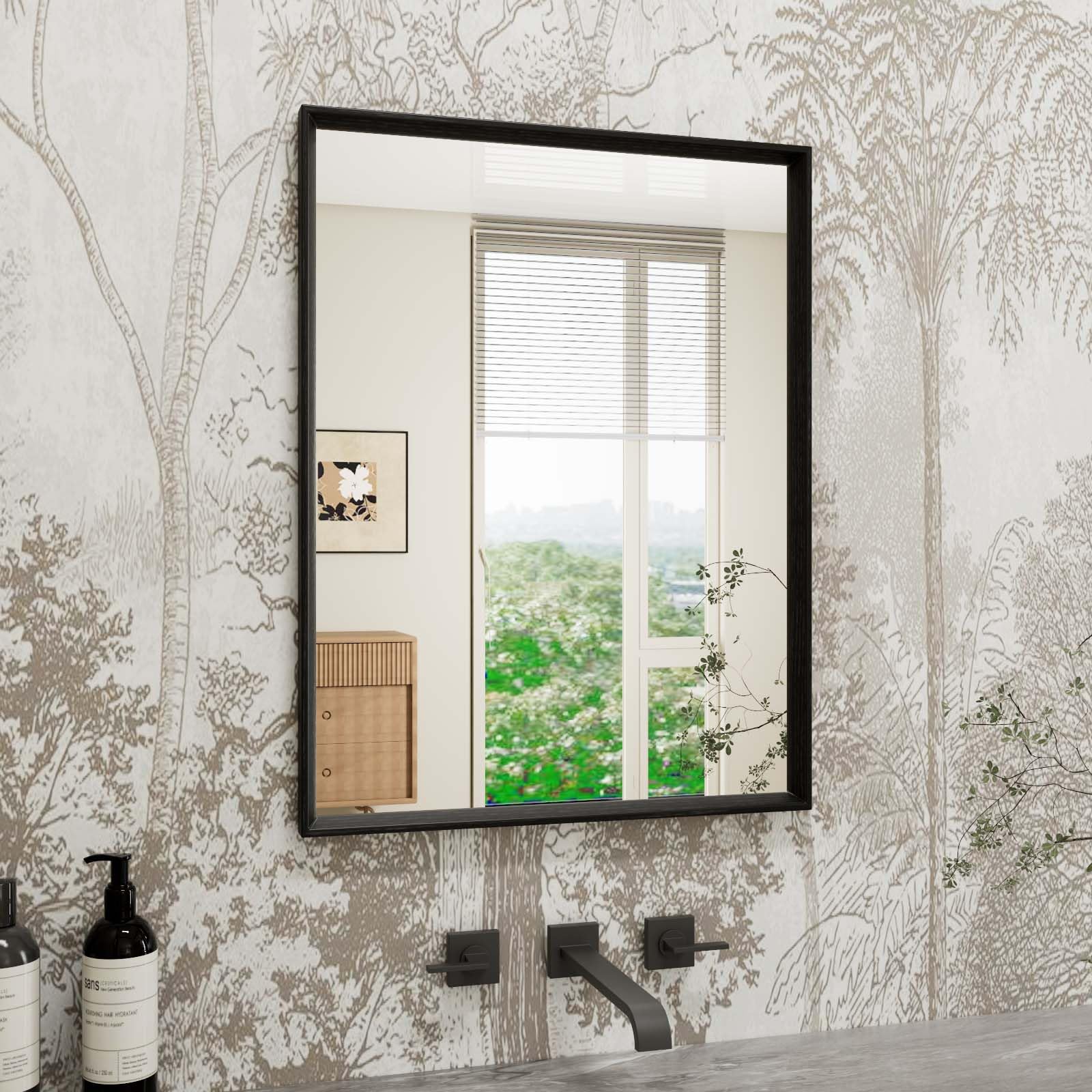 WEER Black Bathroom Mirror, 30x40cm Polymer Frame Rectangular Wall Mirror with Vintage Texture & Tempered Glass, Waterproof Horizontal or Vertical Home Decor for Bathroom, Bedroom, Living Room — image 1