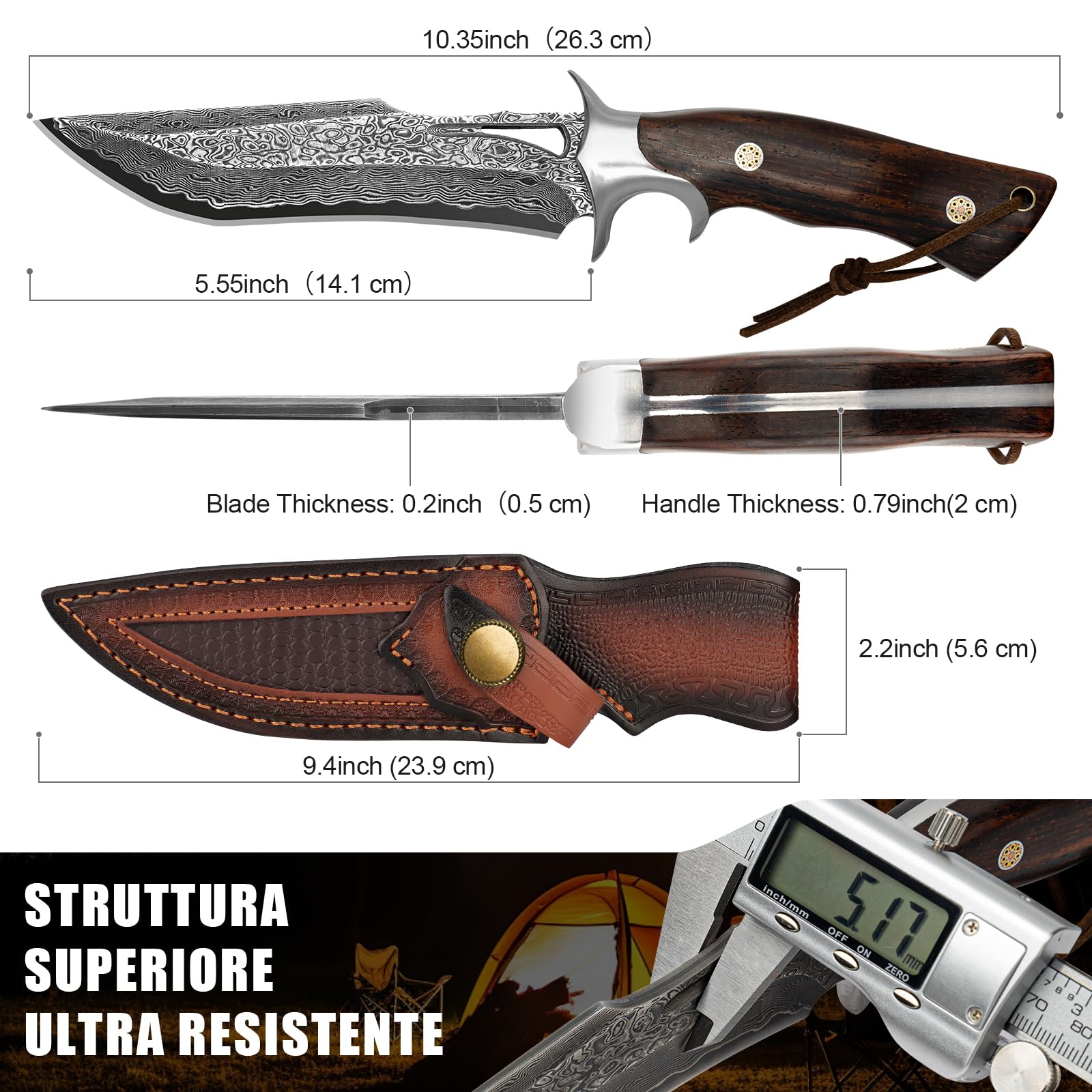 Coltello Outdoor in Acciaio Damasco 26,4 cm con Fodero, Lama Fissa Artigianale VG10, Manico in Legno, per Camping, Bushcraft e Attività all’Aperto