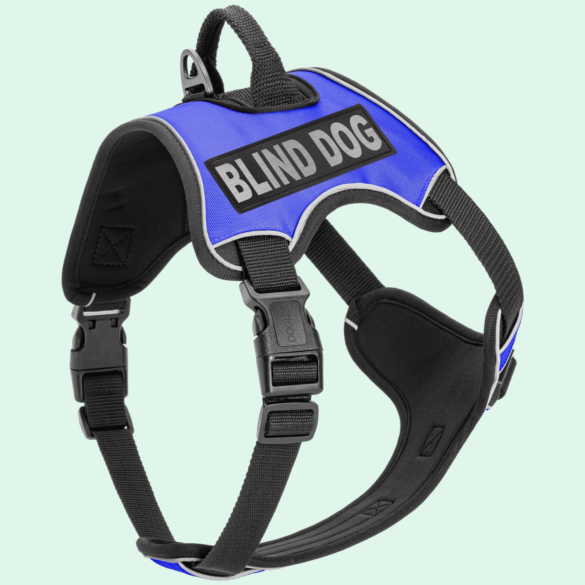 Dogline Quest - Pettorina per cani anti-tiro, con cerotti riflettenti e rimovibili, riflettenti, morbida, confortevole, con doppia fibbia, con ferramenta nera e manico da 32 a 101,6 cm, blu