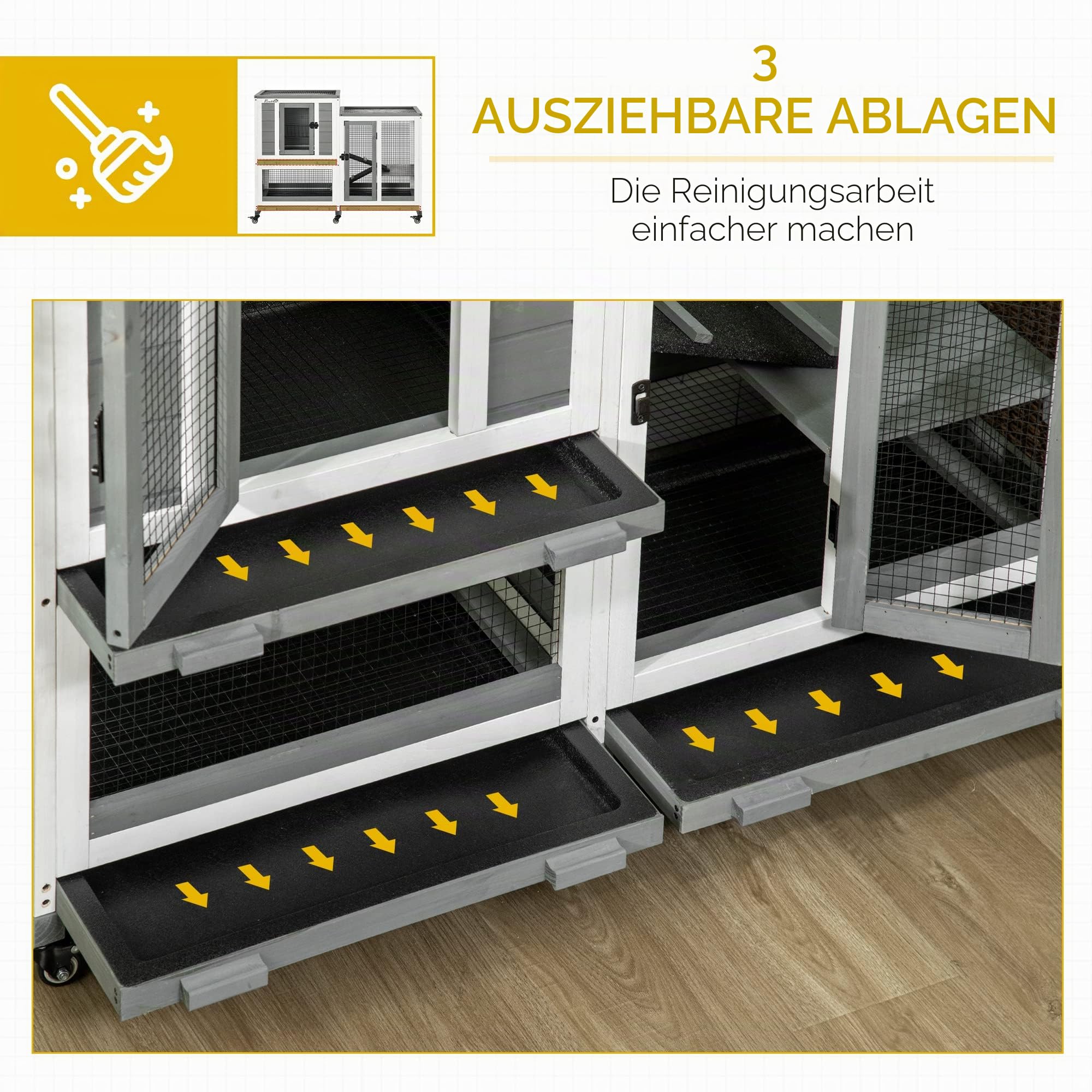 PawHut Innen-Kaninchenstall 3-stöckig mit Laufbereichen und Rädern grau